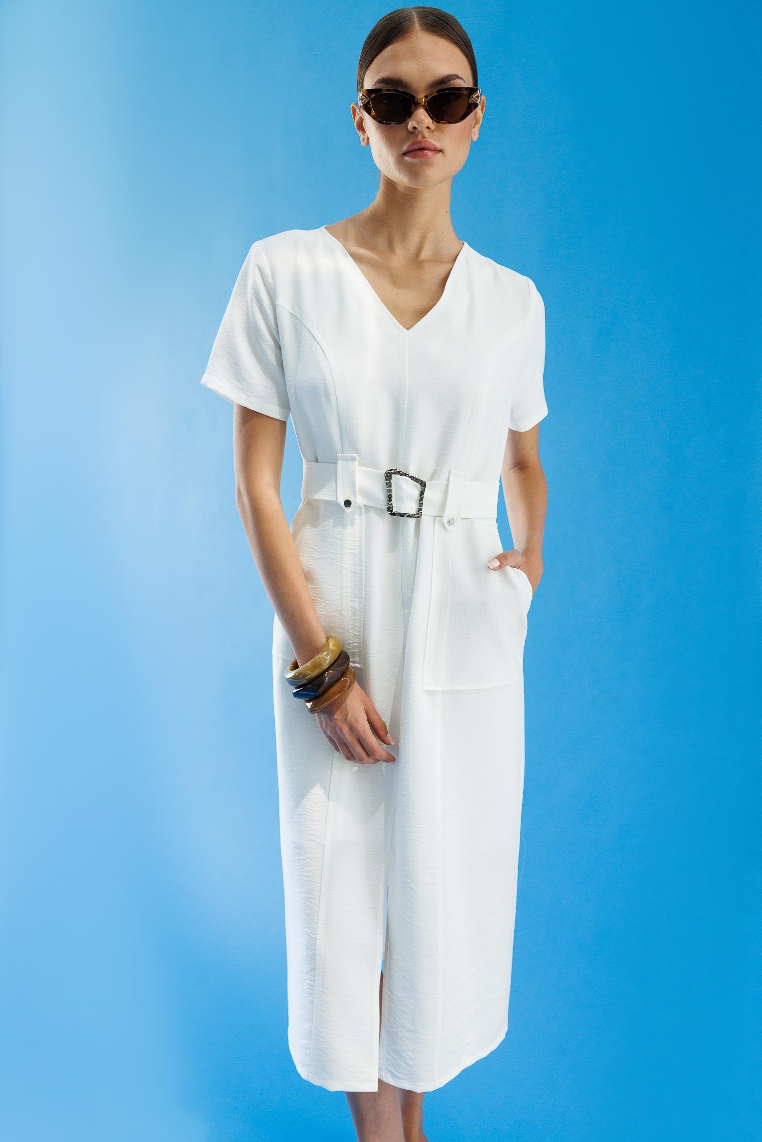 Modailgi  Yarım Kol V Yaka Kuşak Kemer Bağlamalı Yandan Cepli Midi Boy Elbise Ekru