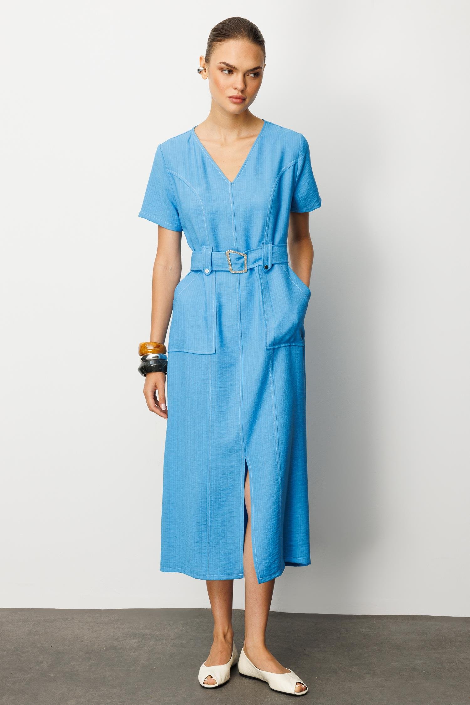 Modailgi  Yarım Kol V Yaka Kuşak Kemer Bağlamalı Yandan Cepli Midi Boy Elbise Mavi