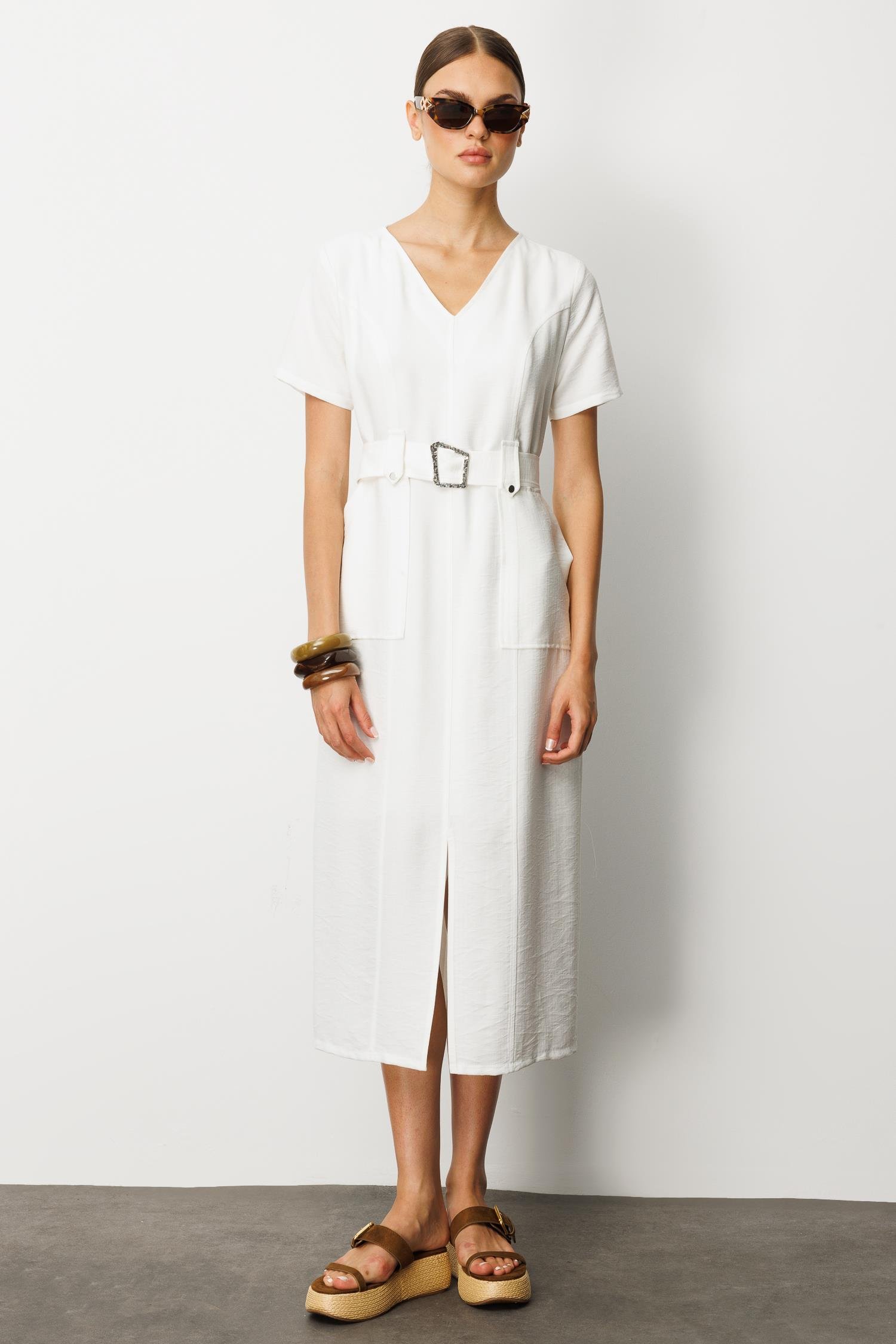 Modailgi  Yarım Kol V Yaka Kuşak Kemer Bağlamalı Yandan Cepli Midi Boy Elbise Ekru