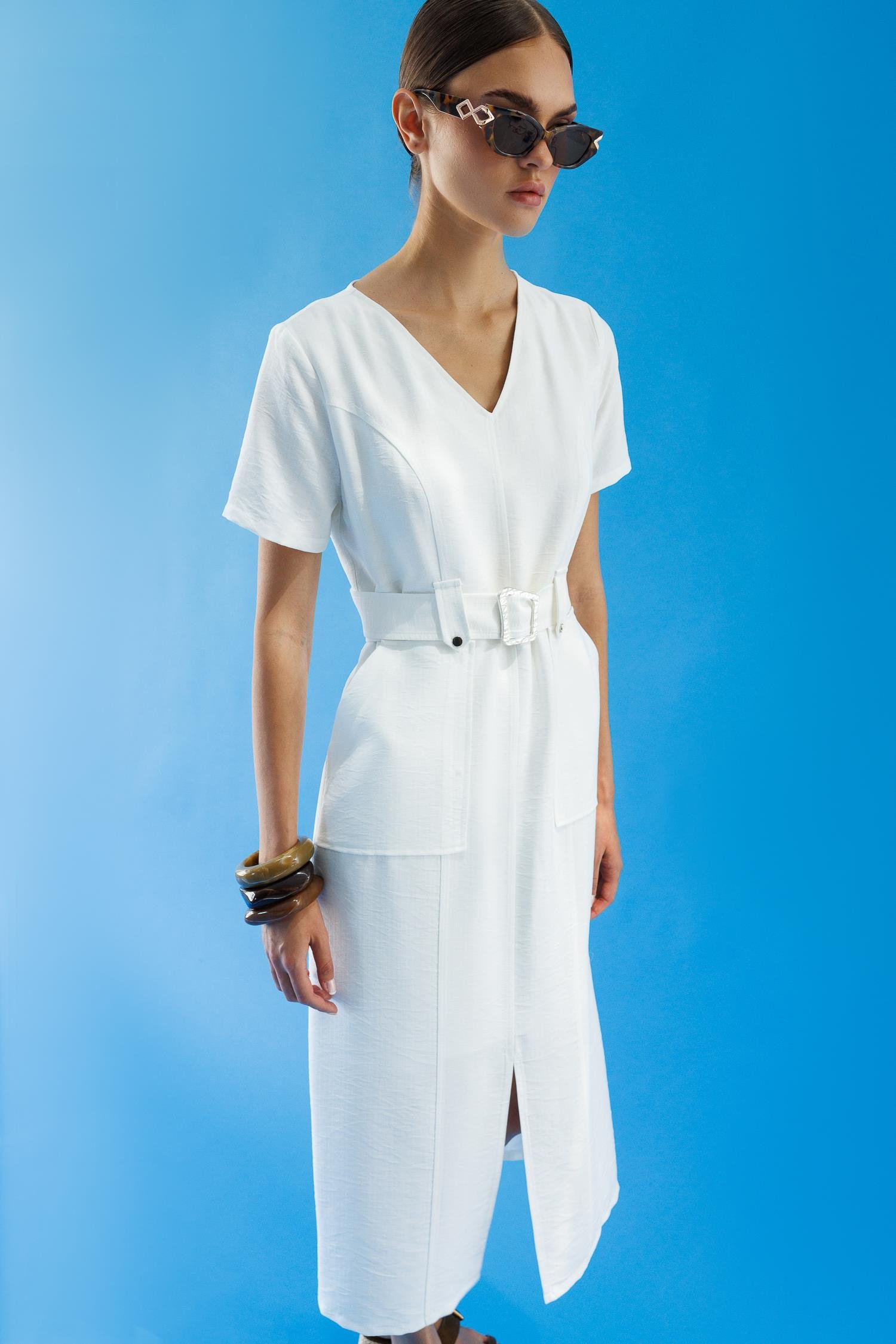 Modailgi  Yarım Kol V Yaka Kuşak Kemer Bağlamalı Yandan Cepli Midi Boy Elbise Ekru