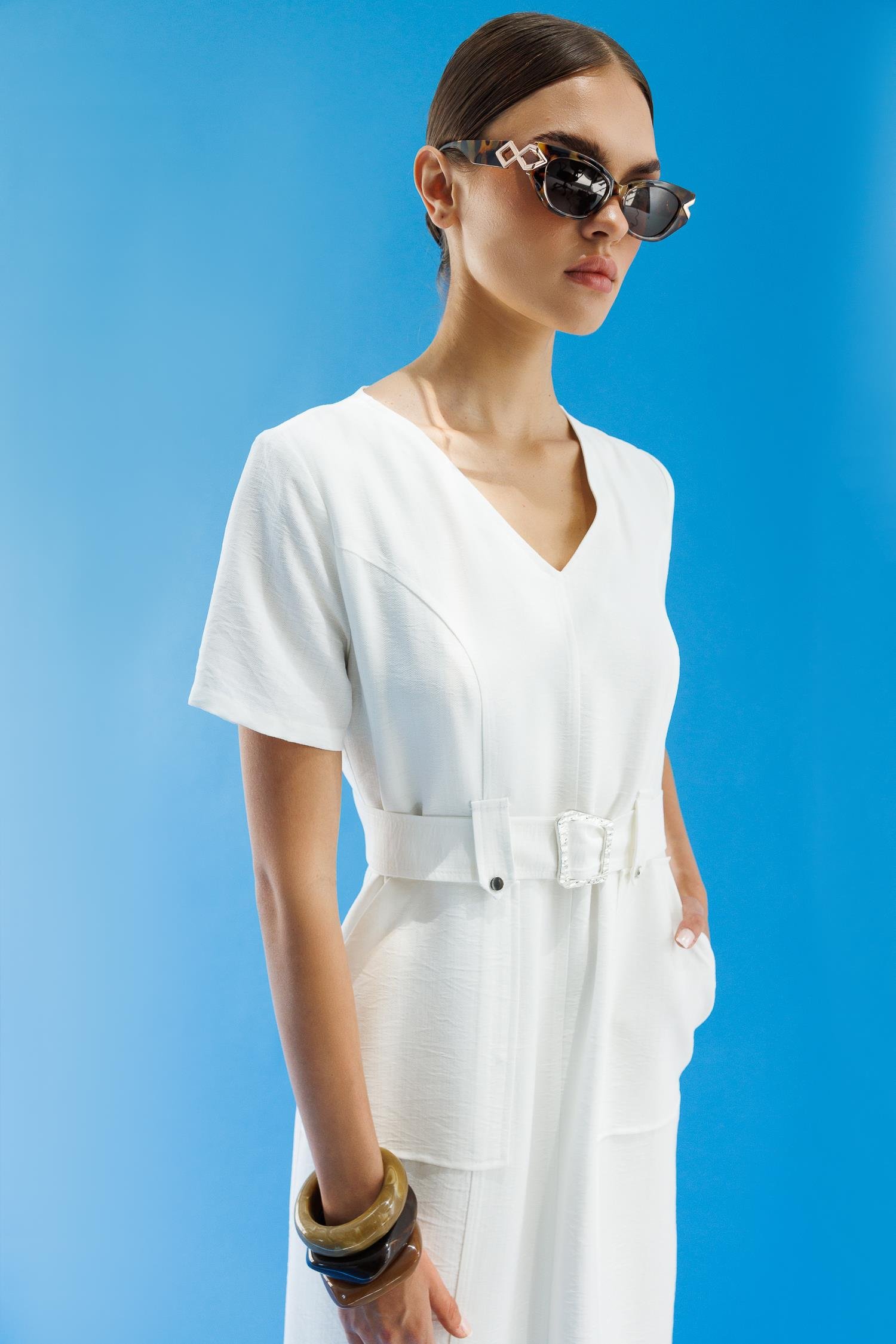 Modailgi  Yarım Kol V Yaka Kuşak Kemer Bağlamalı Yandan Cepli Midi Boy Elbise Ekru