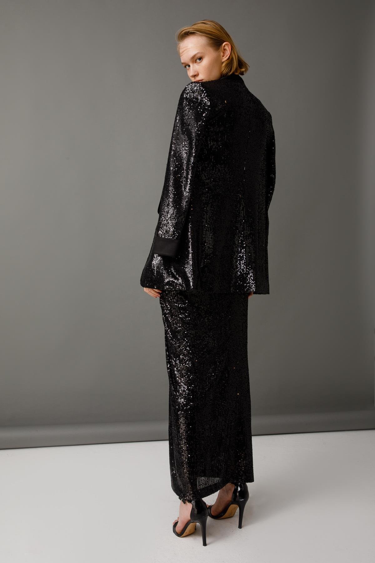 Modailgi  Yırtmaçlı Uzun Payet Etek Siyah