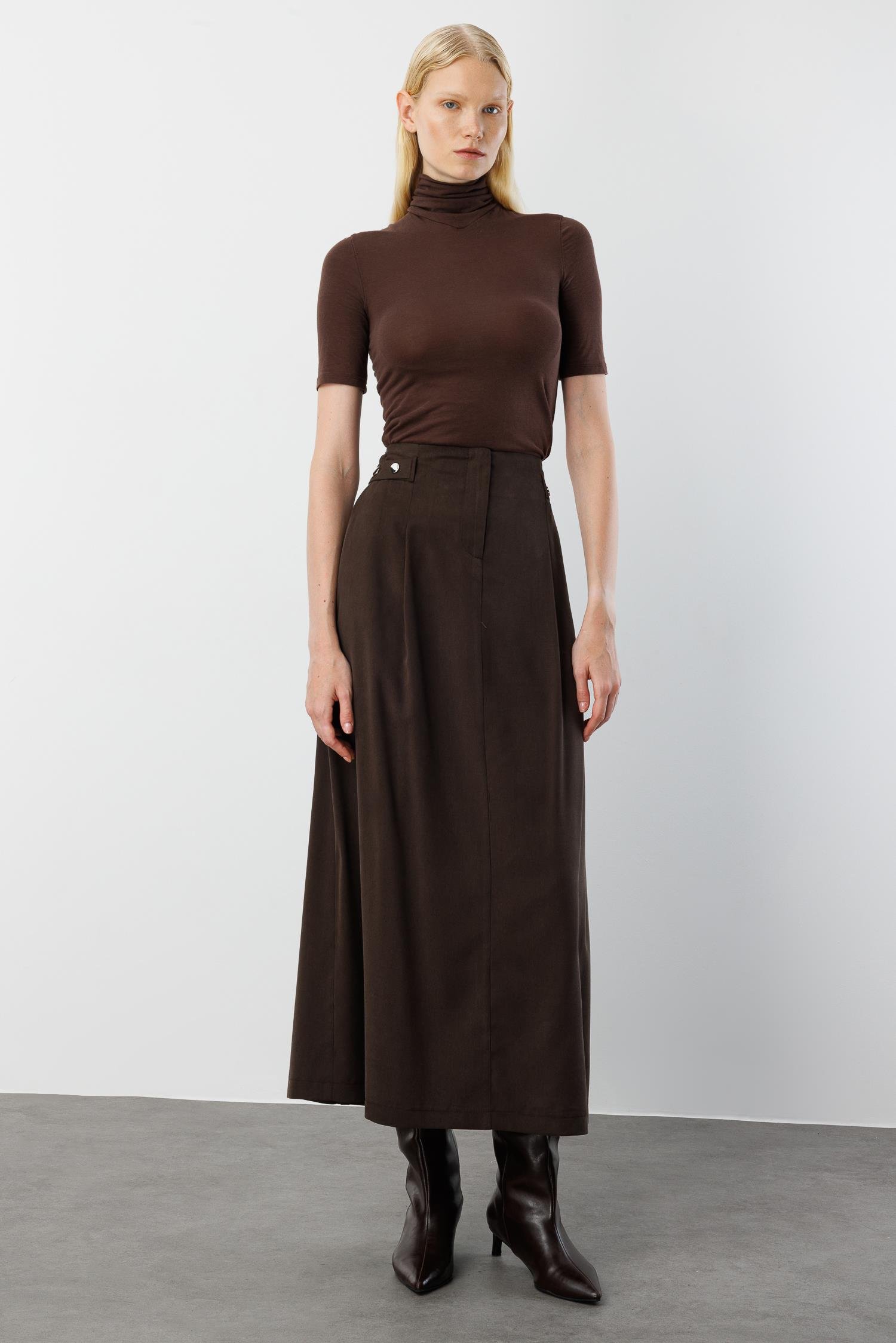 Modailgi  Yüksek Bel Bant ve Trok Detaylı Bedeni Kesik Çan Etek - 15021 Kahve