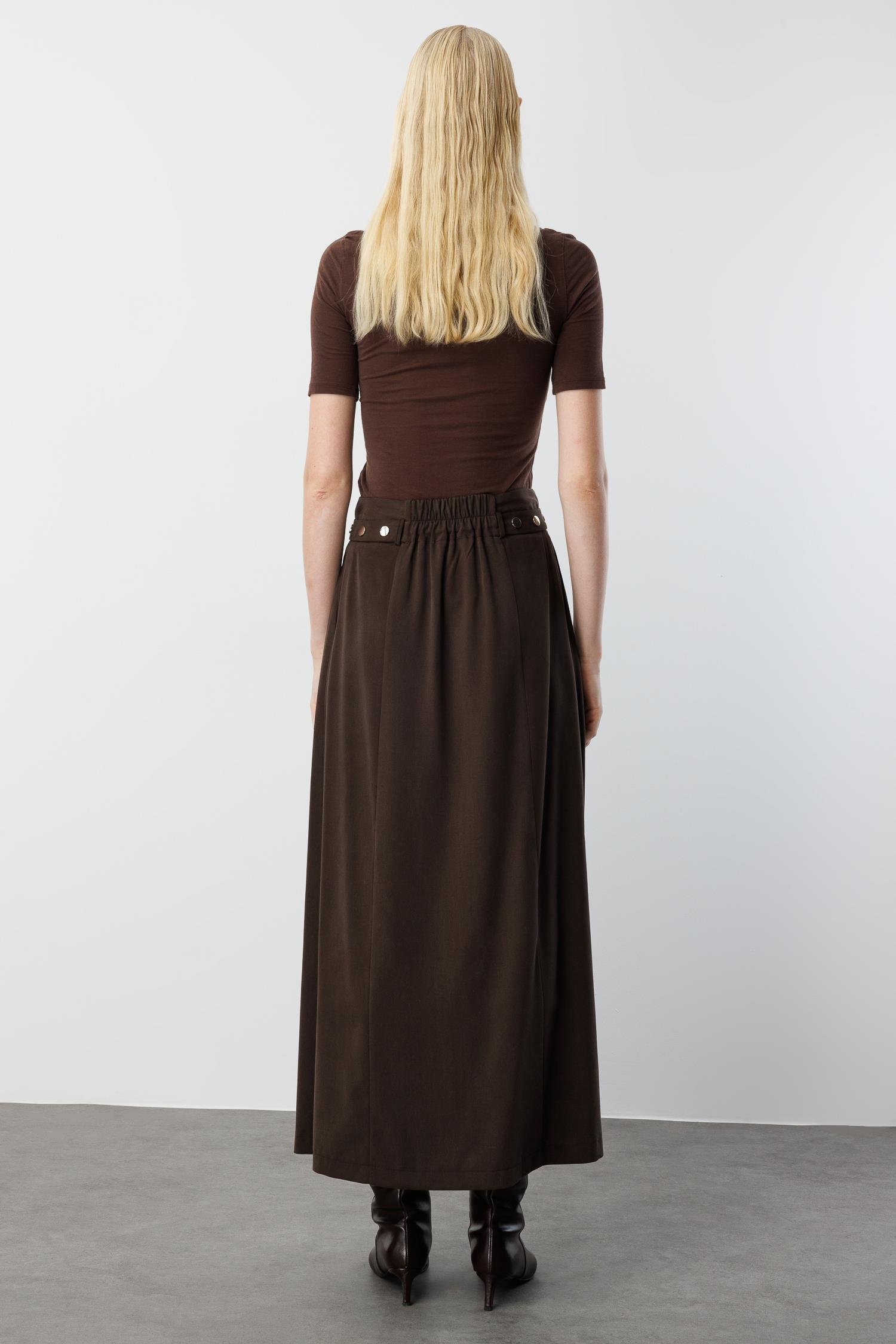 Modailgi  Yüksek Bel Bant ve Trok Detaylı Bedeni Kesik Çan Etek - 15021 Kahve