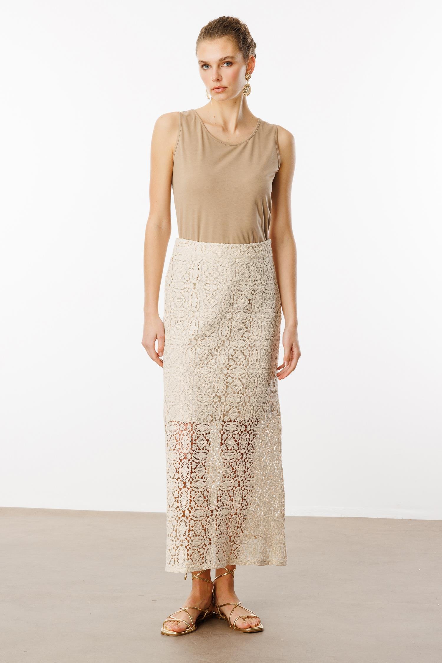 Modailgi  Yüksek Bel Güpür Dantelli Etek Orijinal