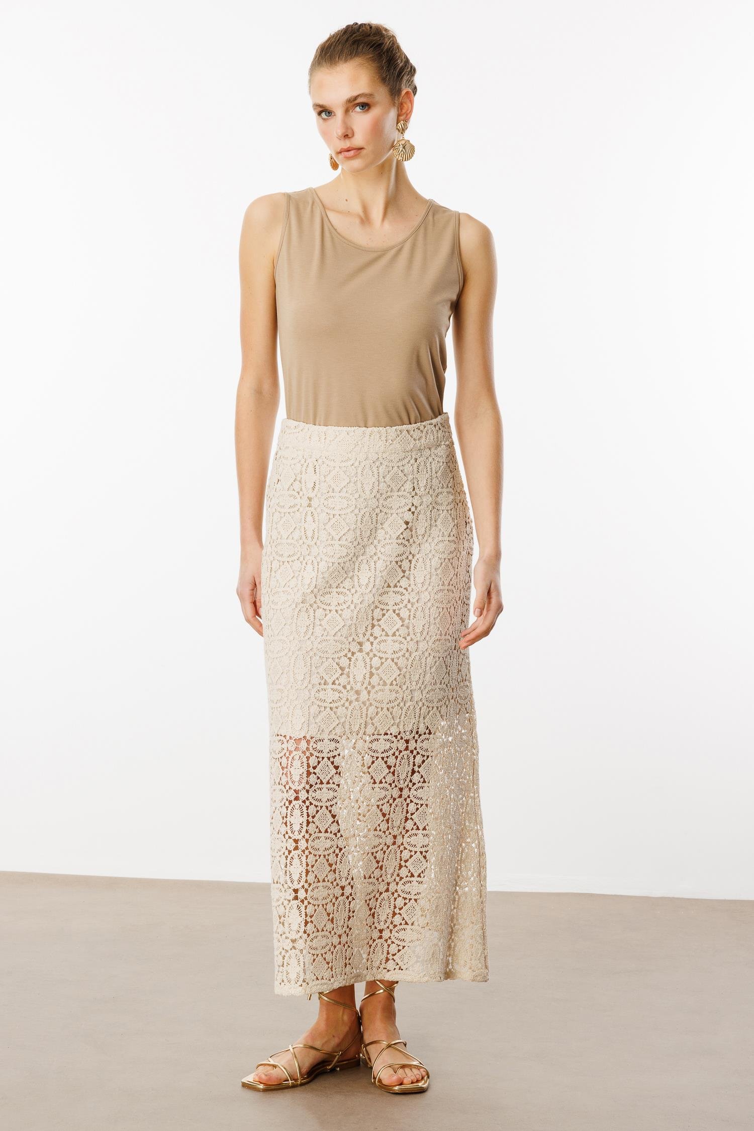 Modailgi  Yüksek Bel Güpür Dantelli Etek Orijinal