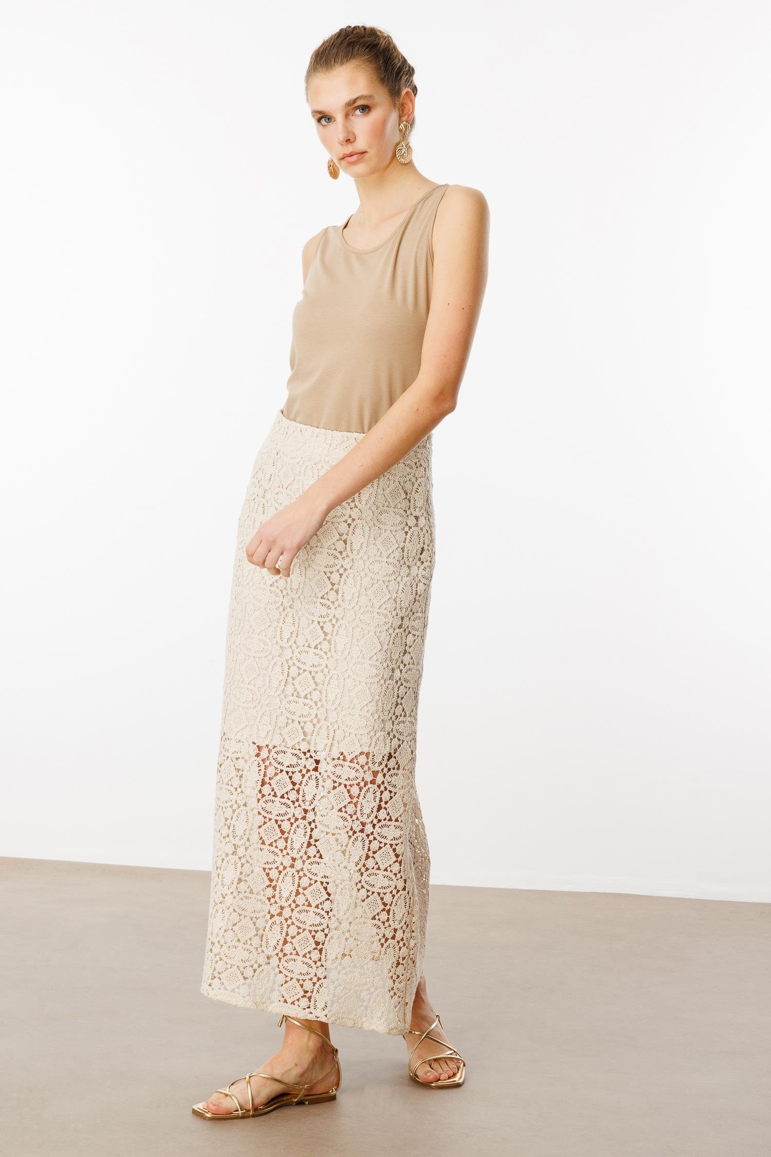 Modailgi  Yüksek Bel Güpür Dantelli Etek Orijinal