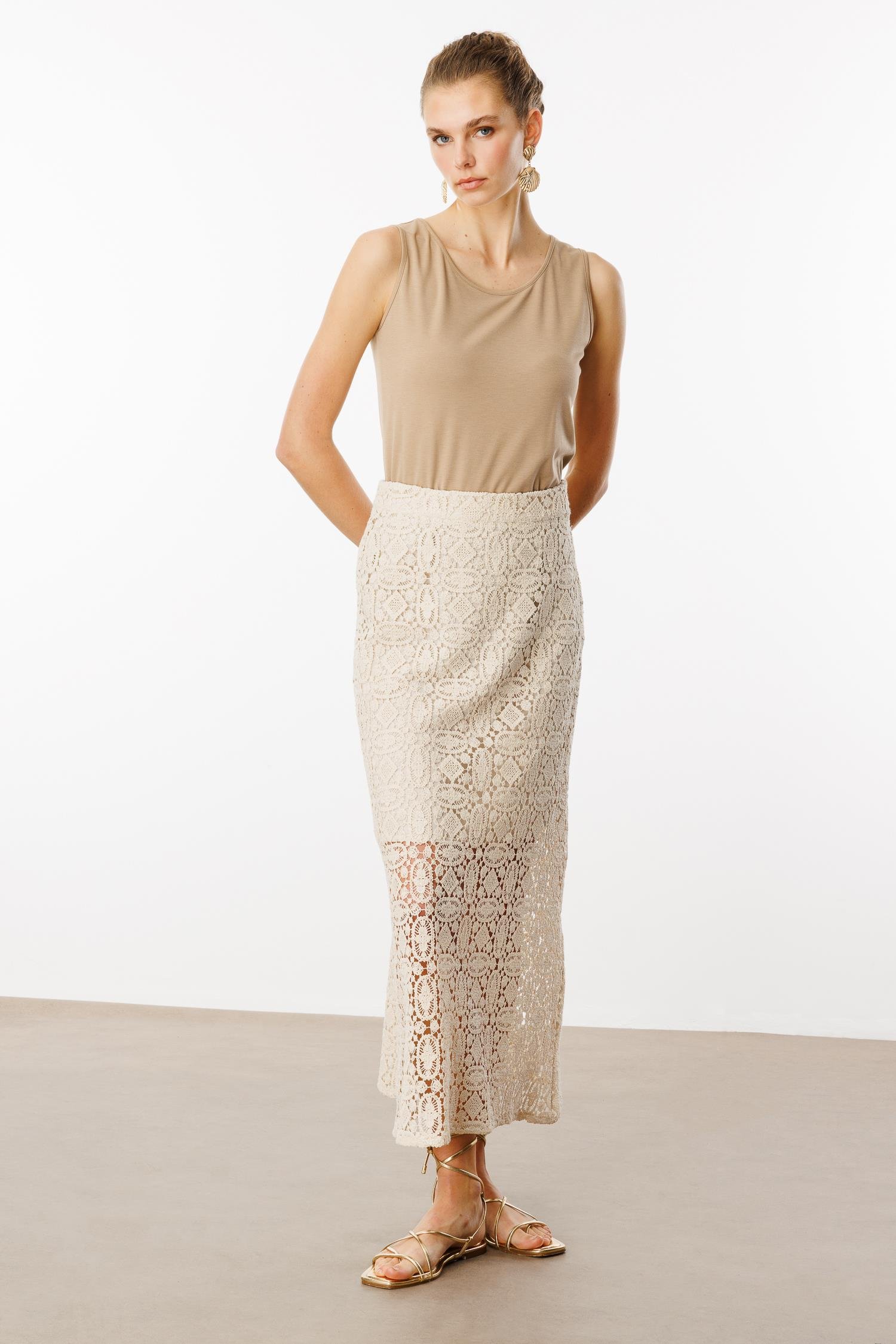 Modailgi  Yüksek Bel Güpür Dantelli Etek Orijinal