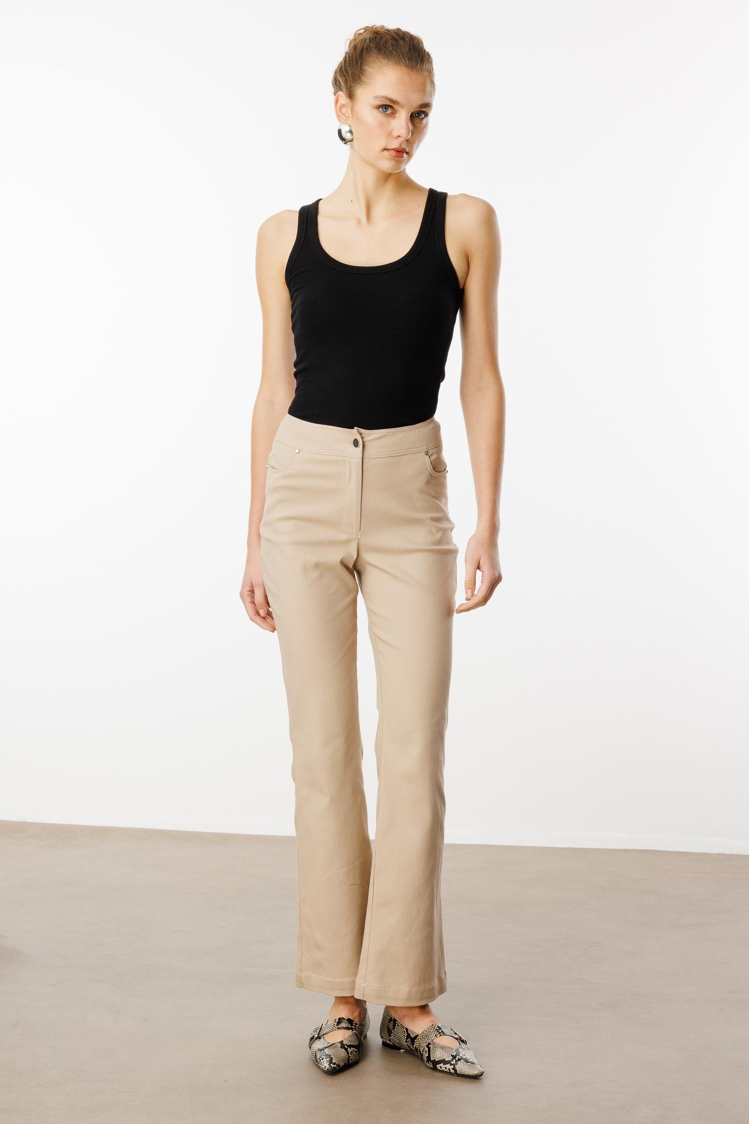 Modailgi  Yüksek Bel İspanyol Paça Spor Dikişli Pantolon - 75201 Taş