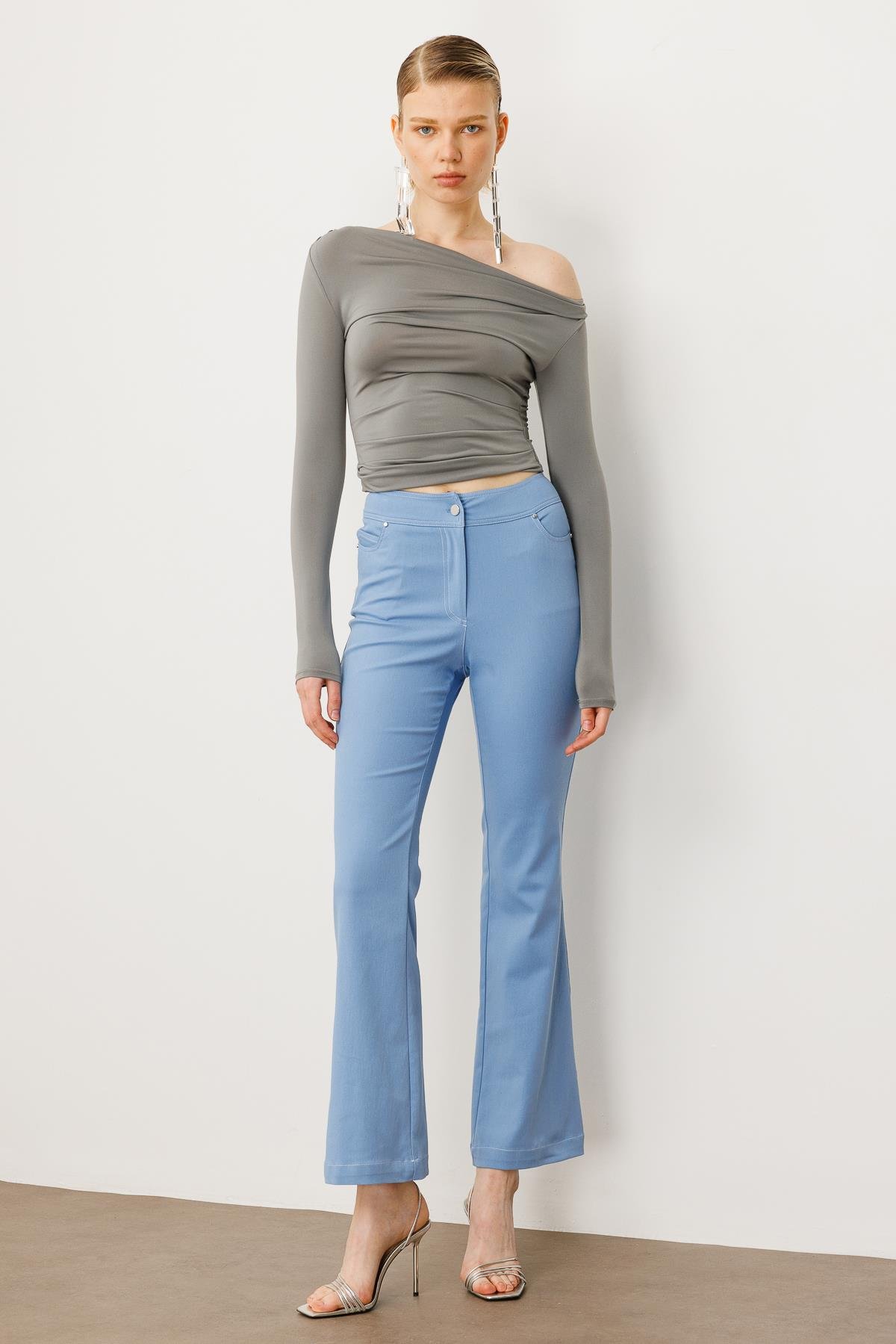 Modailgi  Yüksek Bel İspanyol Paça Spor Dikişli Pantolon - 75201 Mavi