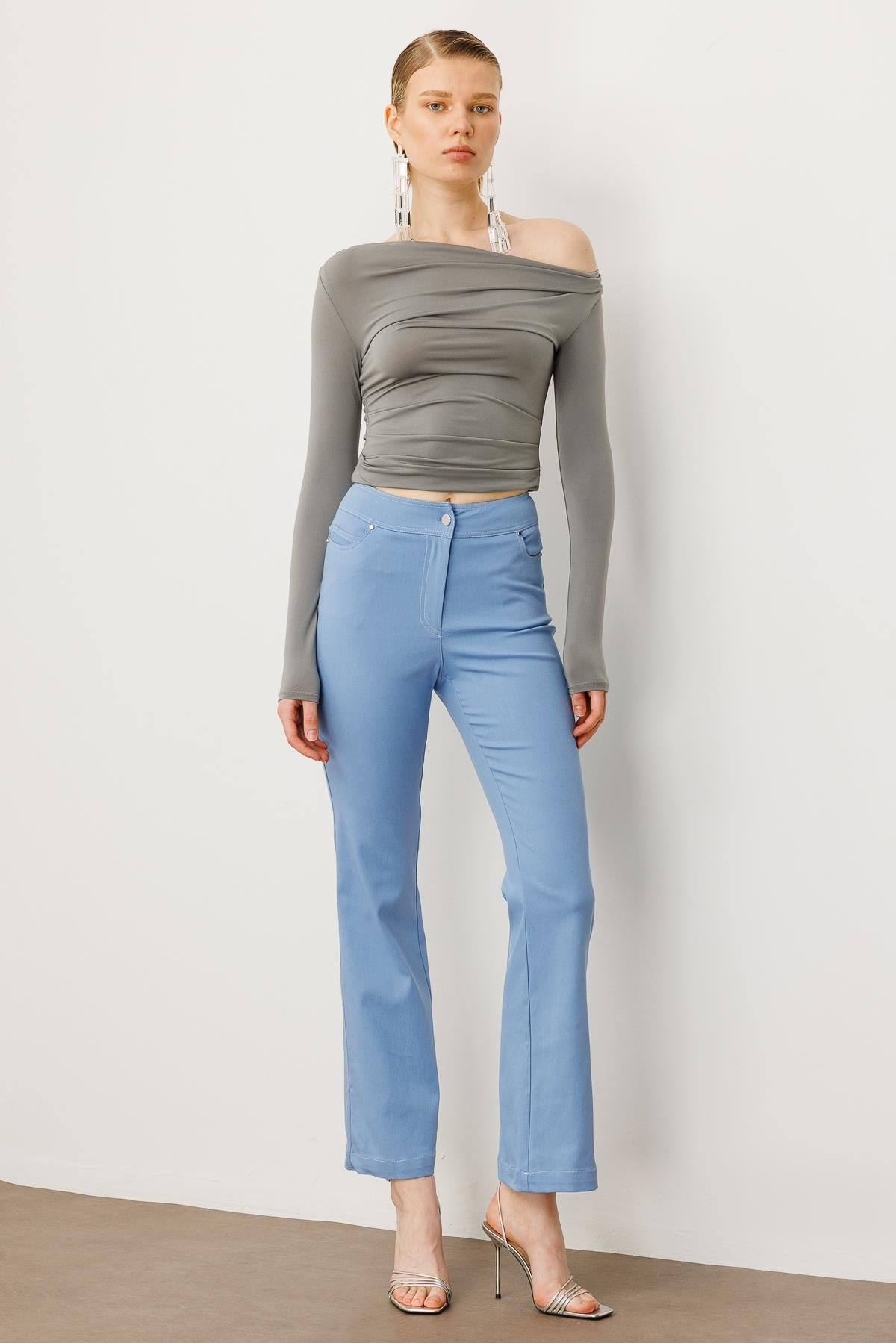 Modailgi  Yüksek Bel İspanyol Paça Spor Dikişli Pantolon - 75201 Mavi