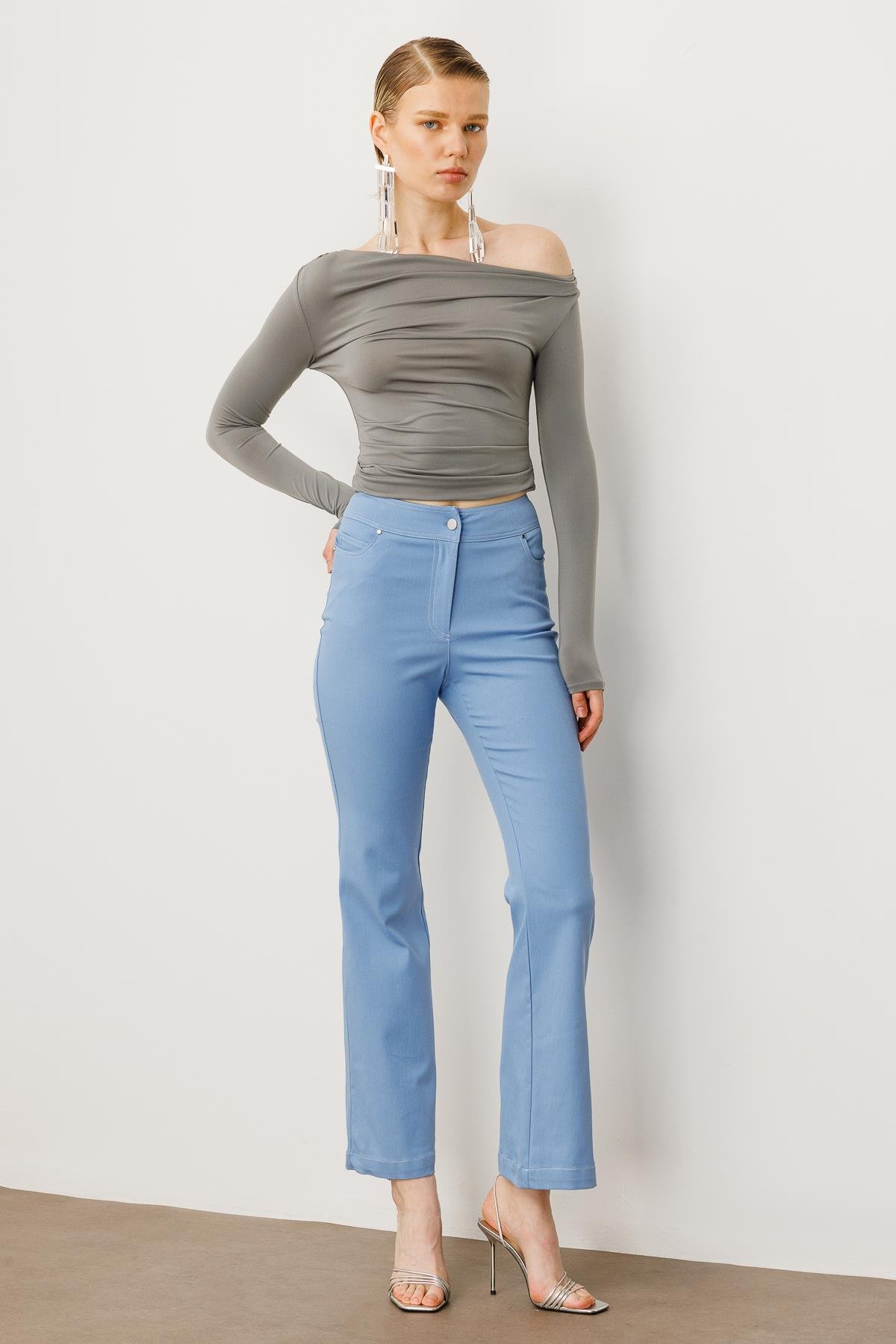 Modailgi  Yüksek Bel İspanyol Paça Spor Dikişli Pantolon - 75201 Mavi