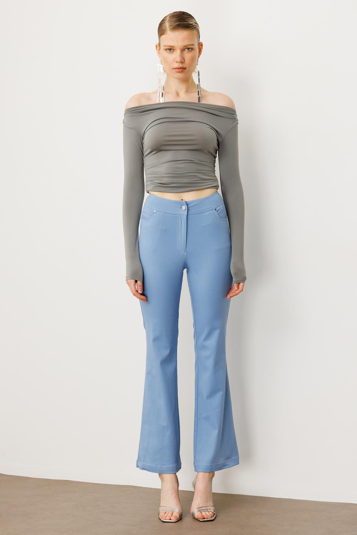 Modailgi  Yüksek Bel İspanyol Paça Spor Dikişli Pantolon - 75201 Mavi