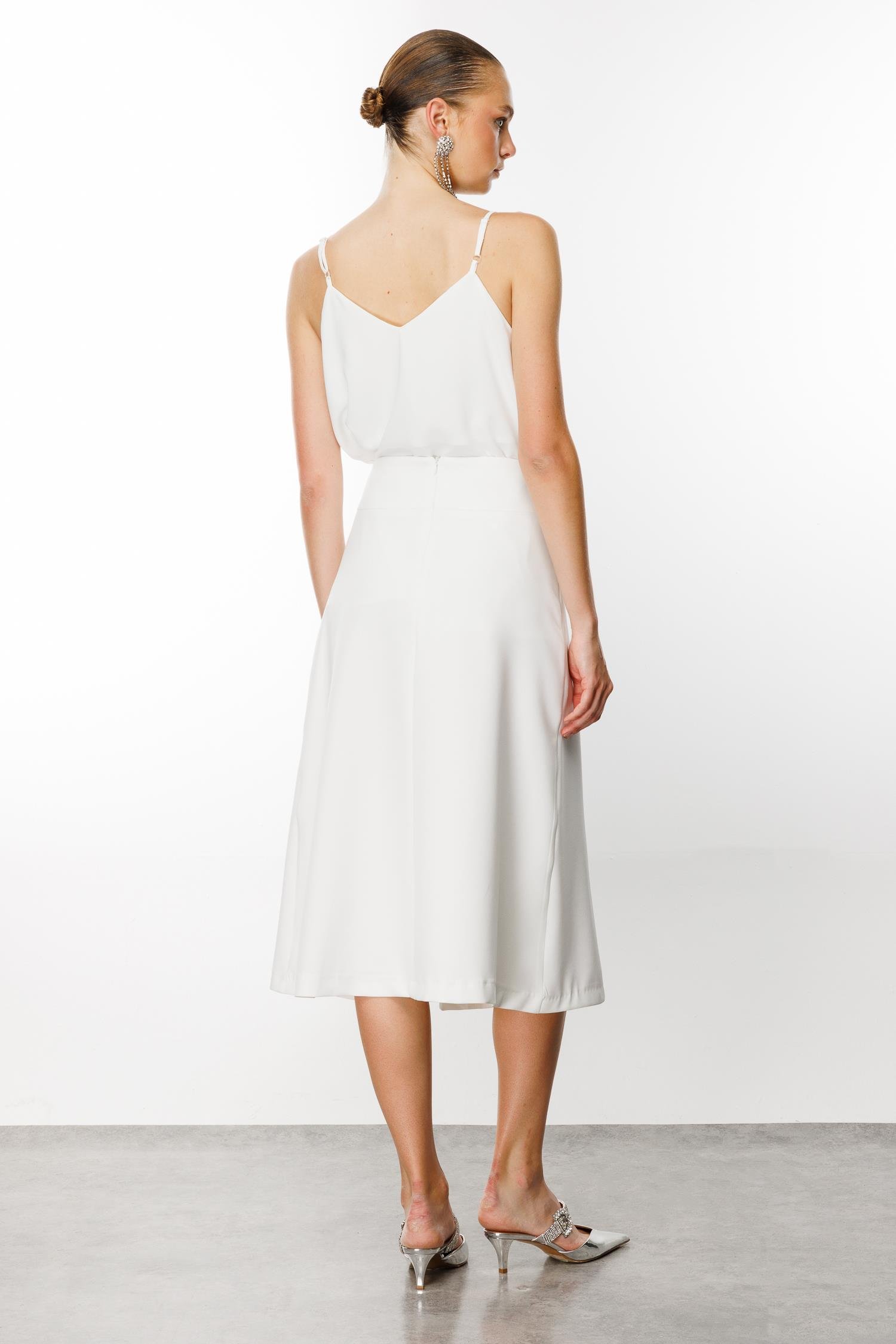 Modailgi  Yüksek Bel Kemeri Tokalı Midi Boy Pilikaşe Etek Ekru