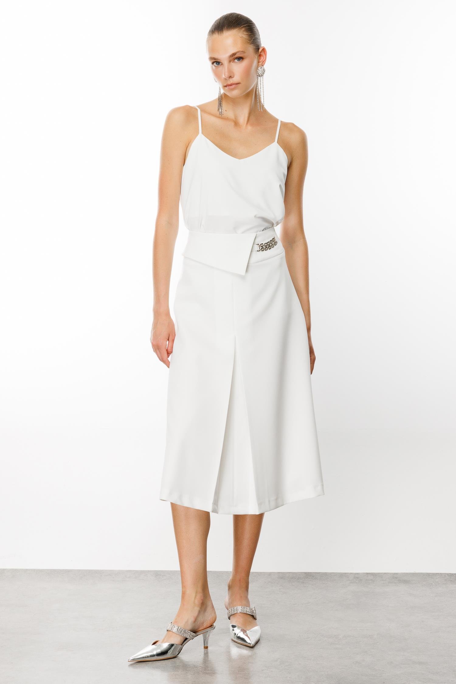 Modailgi  Yüksek Bel Kemeri Tokalı Midi Boy Pilikaşe Etek Ekru