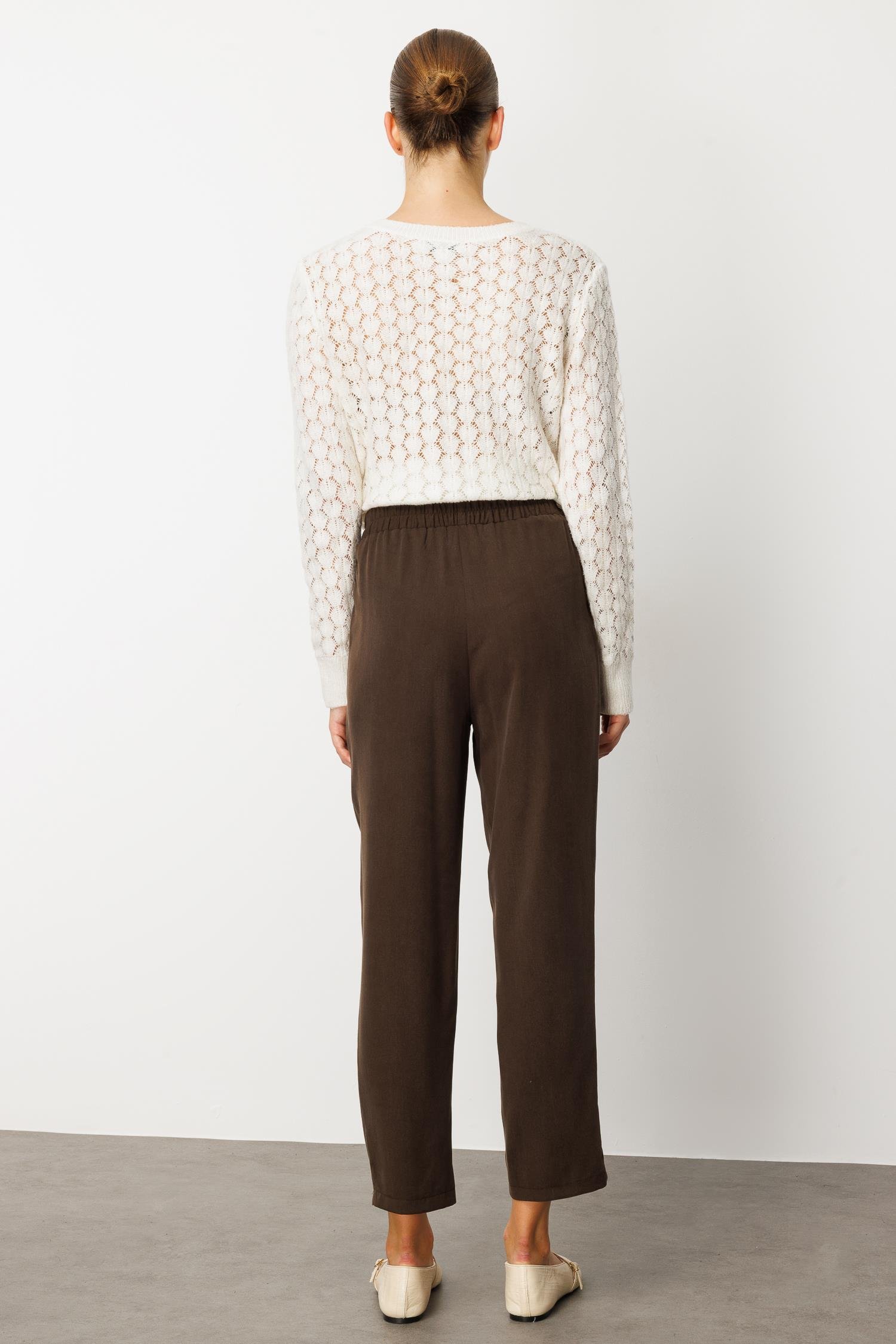 Modailgi  Yüksek Bel Lastikli Yandan Cepli Pileli Pantolon - 15040 Kahve