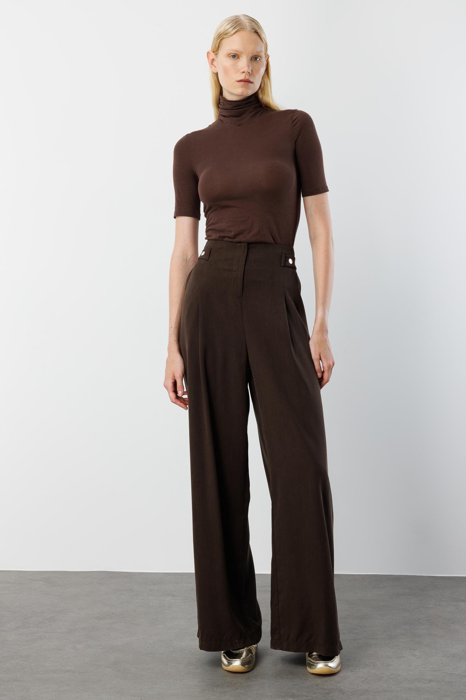 Modailgi  Yüksek Bel Pile Detaylı Beli Bant ve Trok Detaylı Pantolon - 15043 Kahve