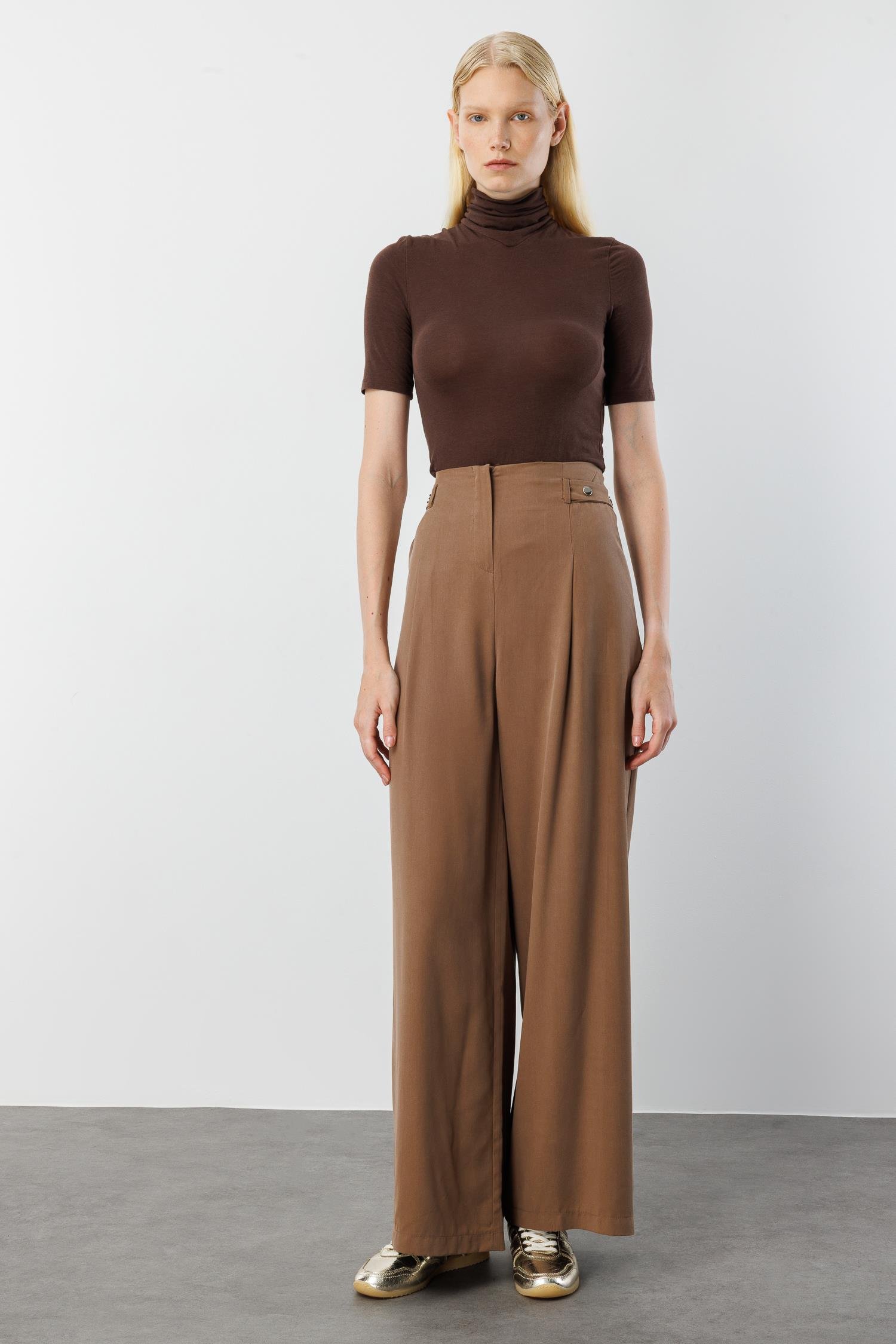 Modailgi  Yüksek Bel Pile Detaylı Beli Bant ve Trok Detaylı Pantolon - 15043 Vizon