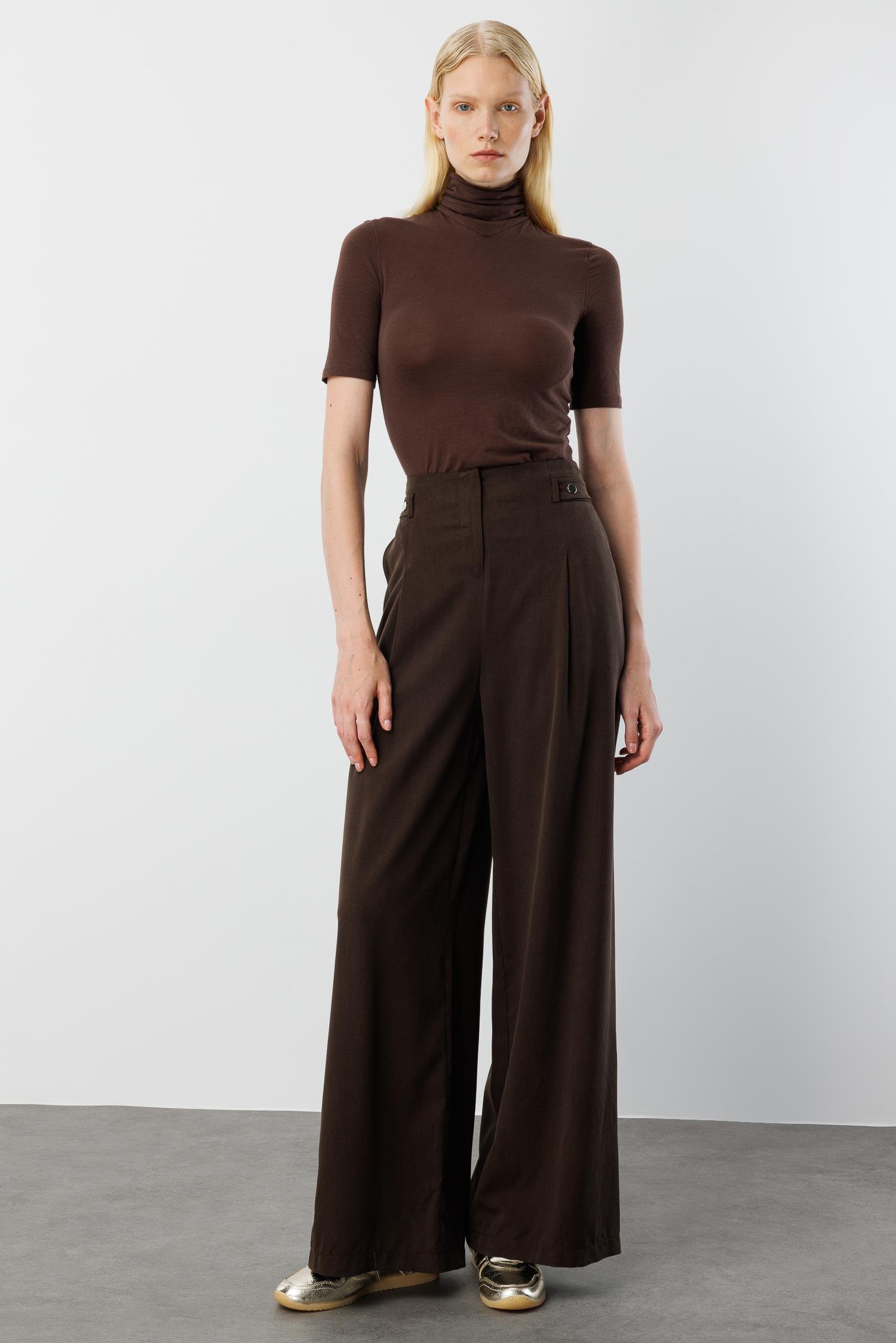 Modailgi  Yüksek Bel Pile Detaylı Beli Bant ve Trok Detaylı Pantolon - 15043 Kahve