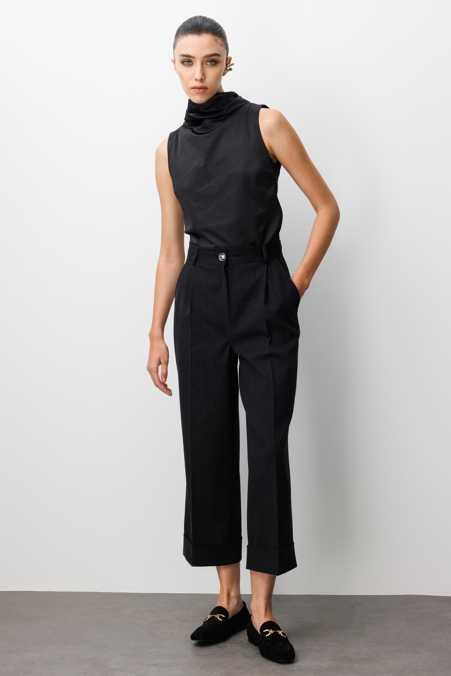 Modailgi  Yüksek Bel Pile Detaylı Duble Paça Rahat Kesim Pantolon - 75013 Siyah