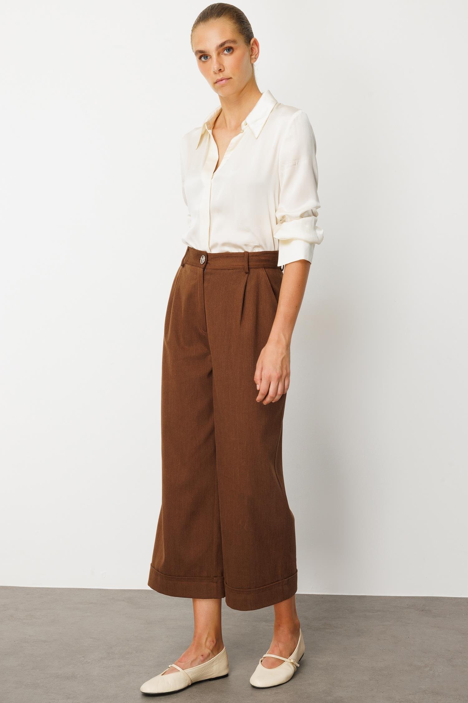 Modailgi  Yüksek Bel Pile Detaylı Duble Paça Rahat Kesim Pantolon - 75013 Kahve