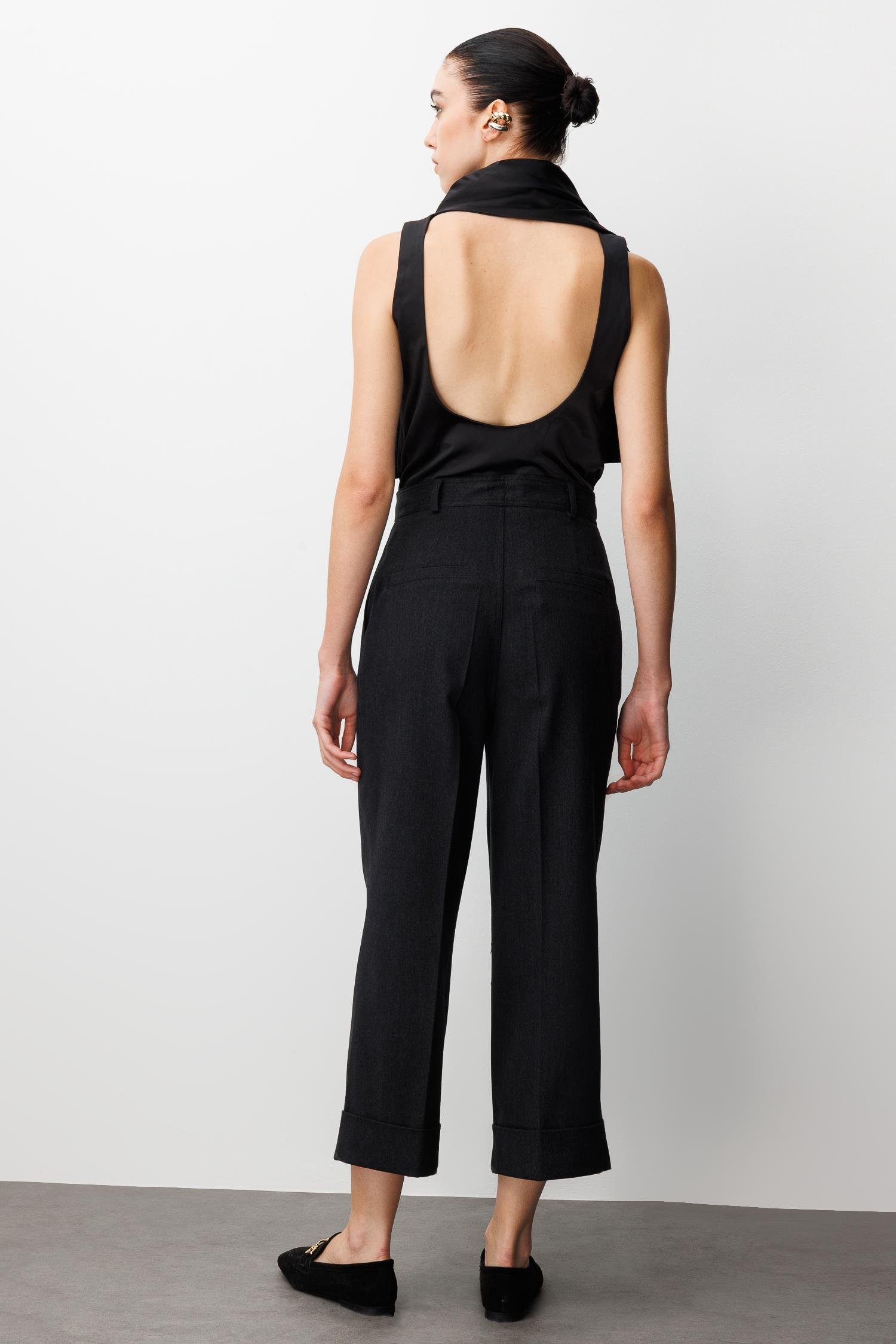 Modailgi  Yüksek Bel Pile Detaylı Duble Paça Rahat Kesim Pantolon - 75013 Siyah