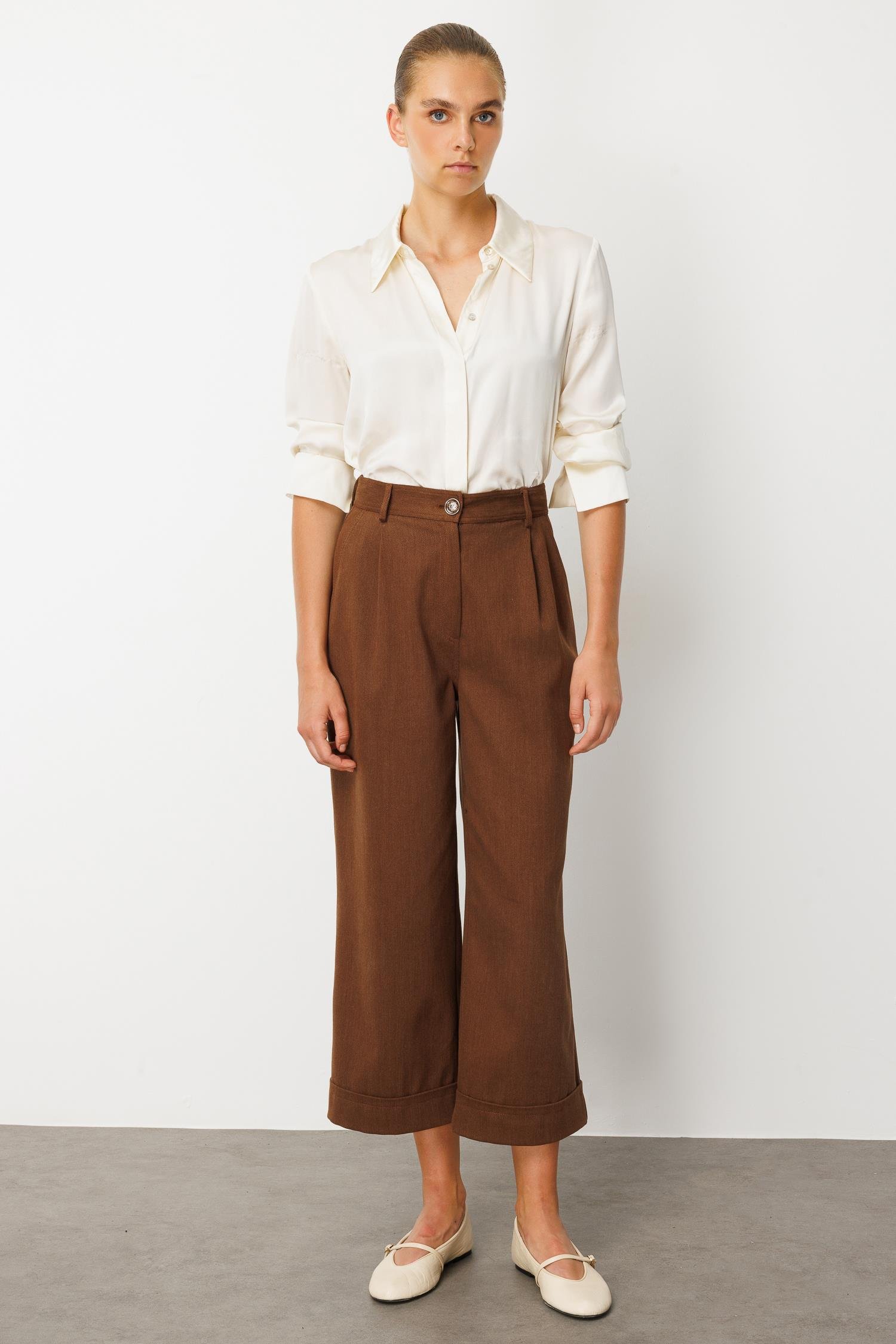 Modailgi  Yüksek Bel Pile Detaylı Duble Paça Rahat Kesim Pantolon - 75013 Kahve