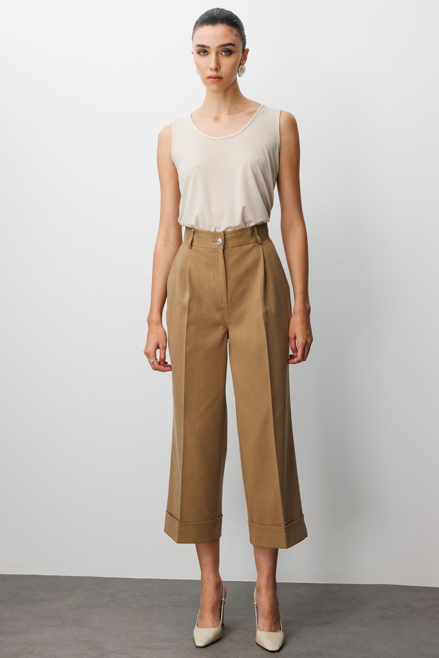 Modailgi  Yüksek Bel Pile Detaylı Duble Paça Rahat Kesim Pantolon - 75013 Camel