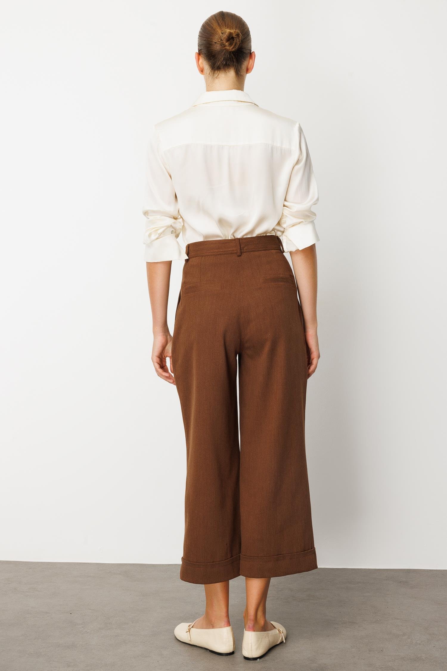 Modailgi  Yüksek Bel Pile Detaylı Duble Paça Rahat Kesim Pantolon - 75013 Kahve