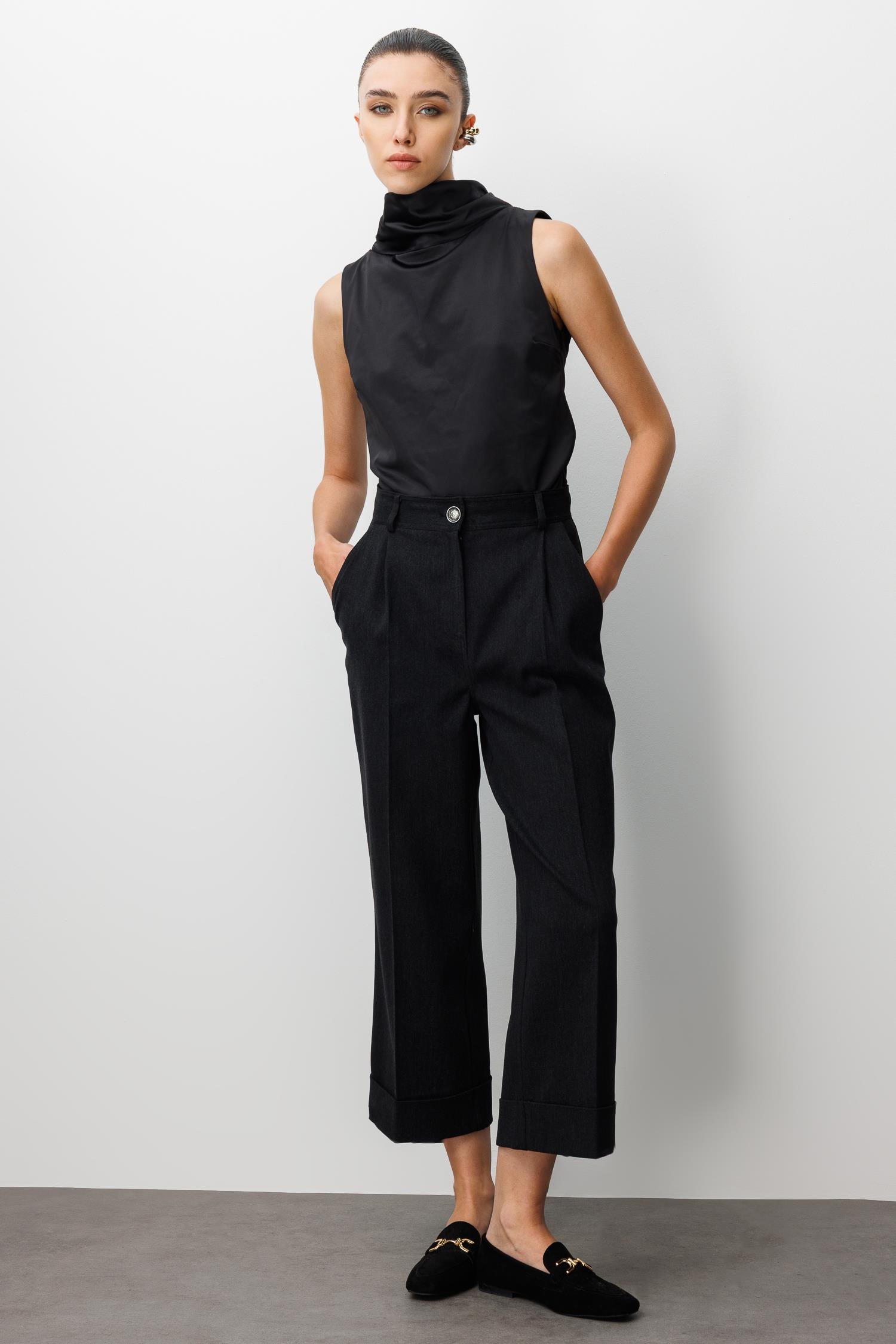 Modailgi  Yüksek Bel Pile Detaylı Duble Paça Rahat Kesim Pantolon - 75013 Siyah