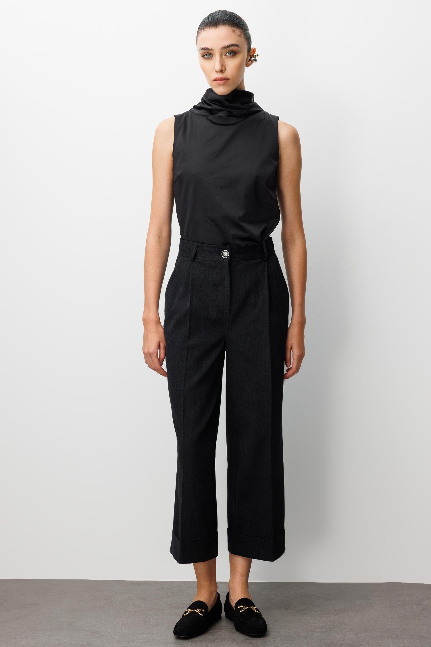 Modailgi  Yüksek Bel Pile Detaylı Duble Paça Rahat Kesim Pantolon - 75013 Siyah