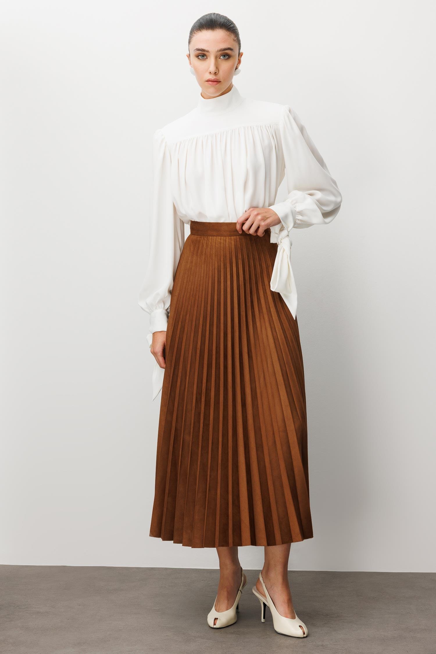 Modailgi  Yüksek Bel Plisoley Pliseli Uzun Süet Etek Taba