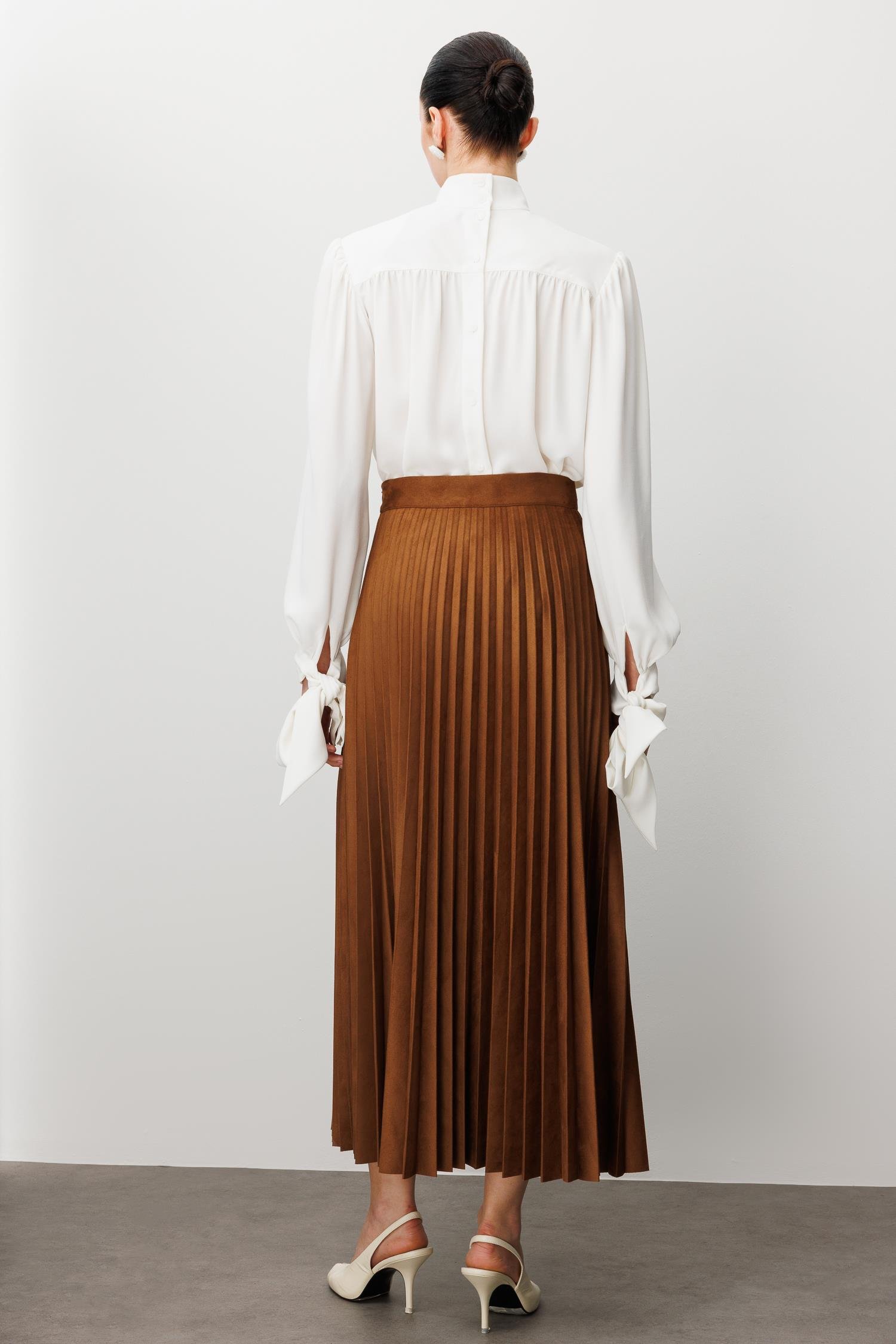 Modailgi  Yüksek Bel Plisoley Pliseli Uzun Süet Etek Taba