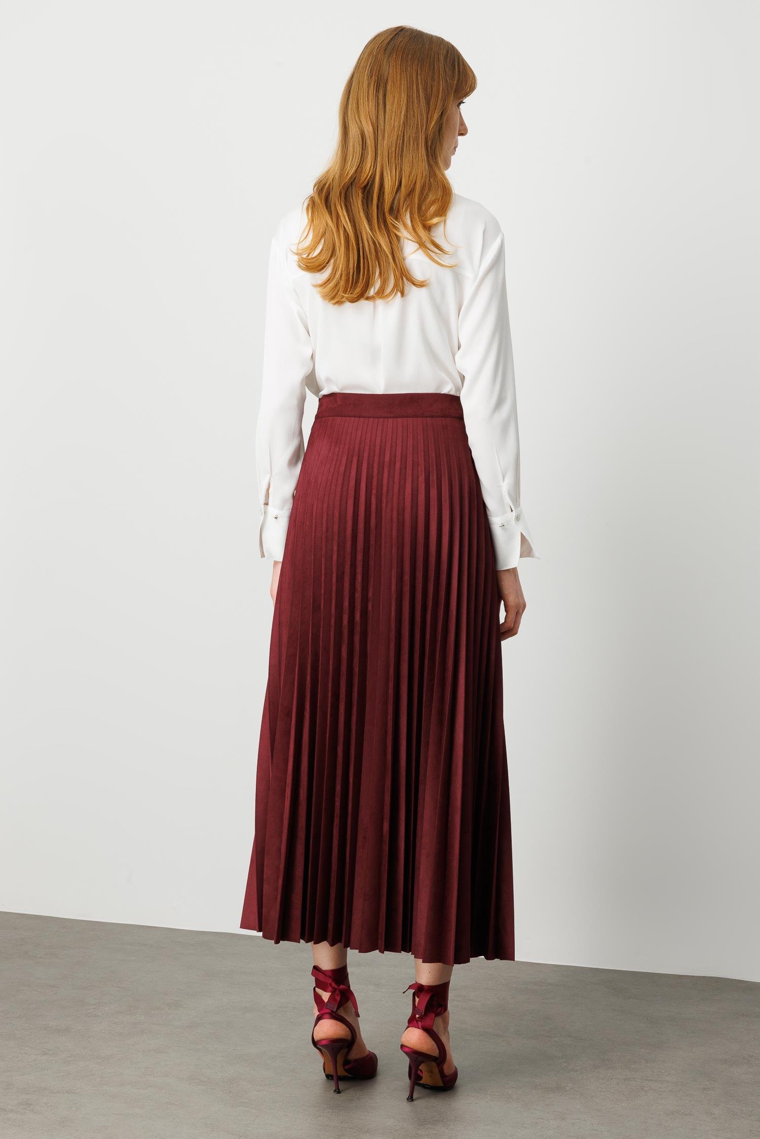 Modailgi  Yüksek Bel Plisoley Pliseli Uzun Süet Etek Bordo