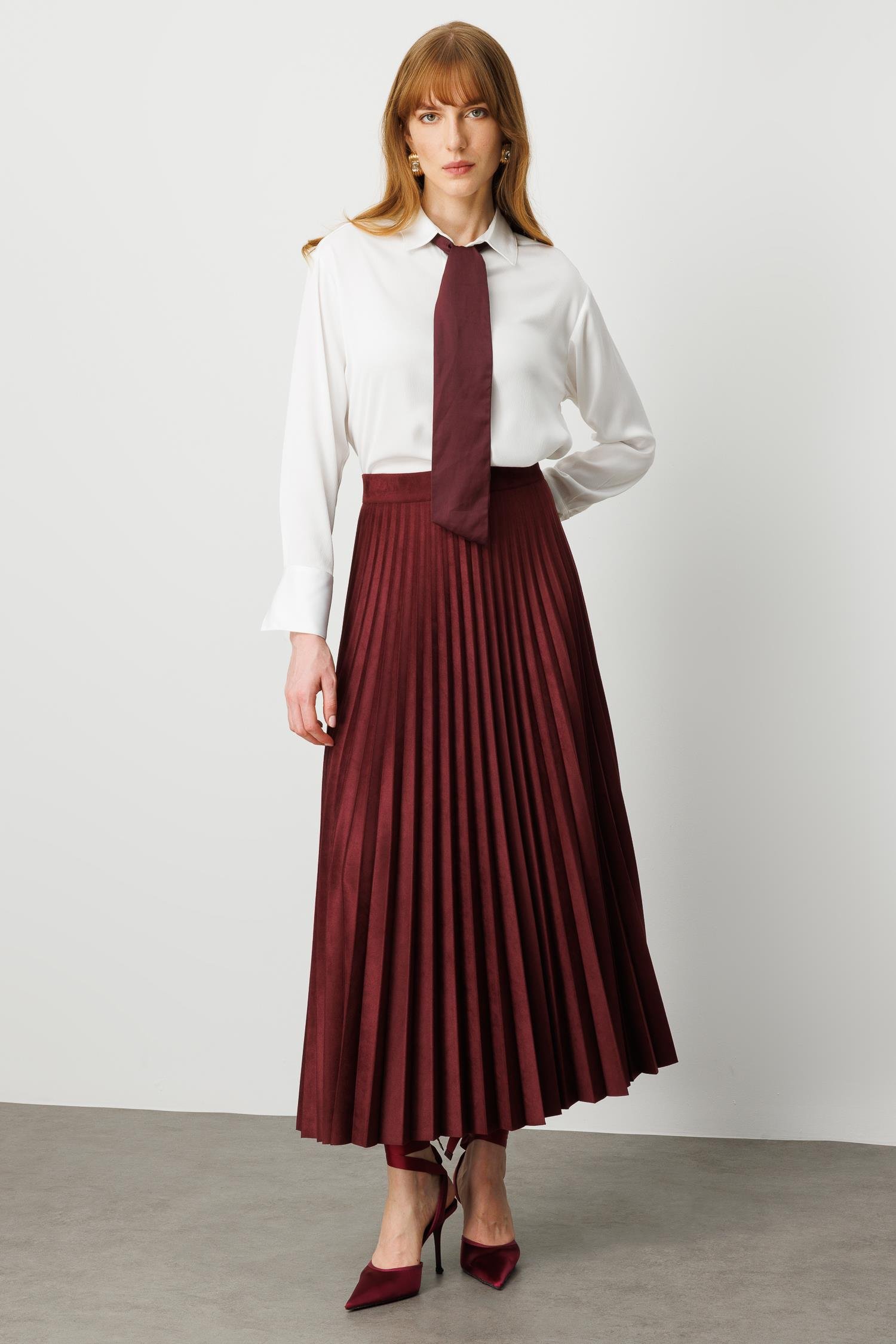 Modailgi  Yüksek Bel Plisoley Pliseli Uzun Süet Etek Bordo