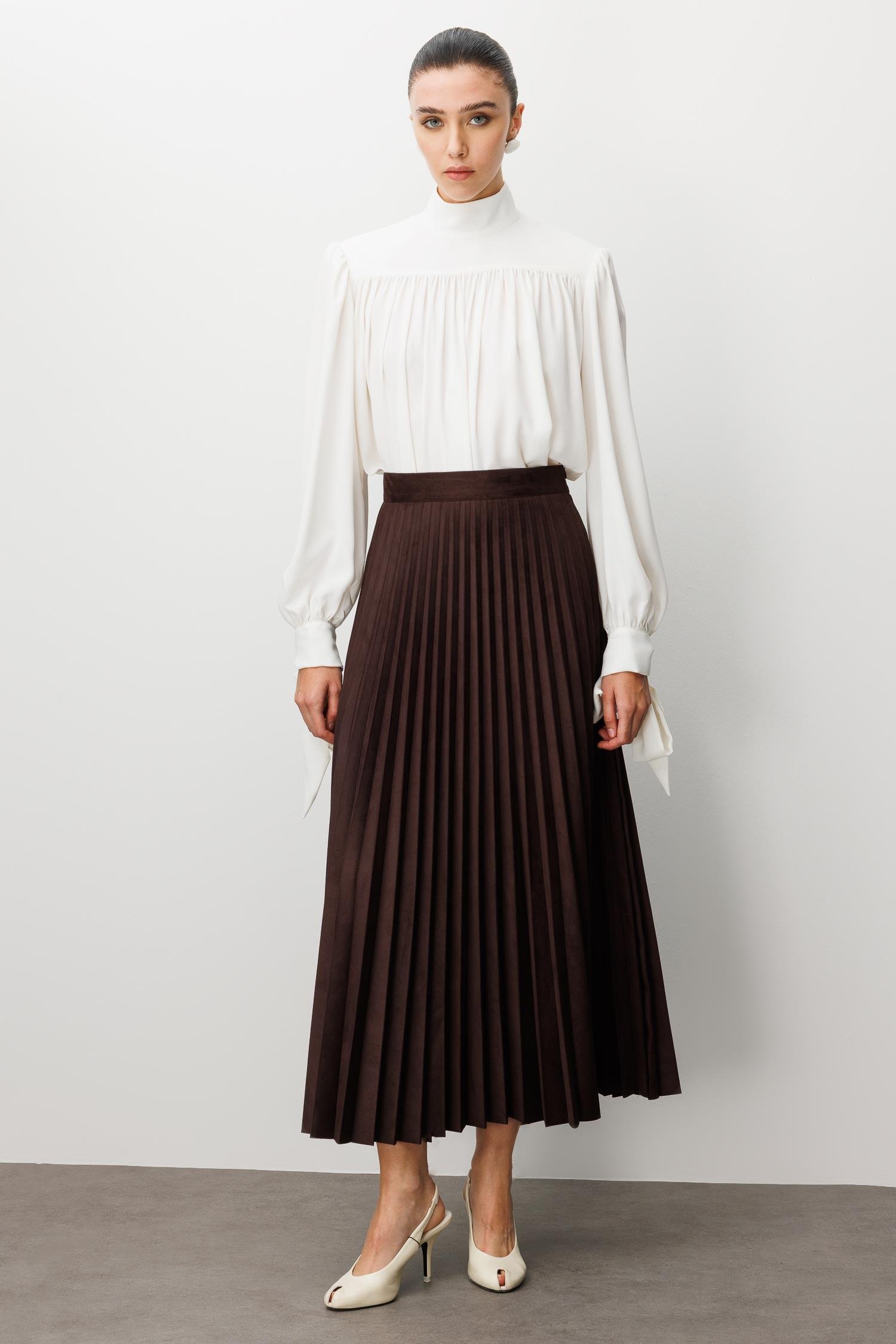 Modailgi  Yüksek Bel Plisoley Pliseli Uzun Süet Etek Kahve