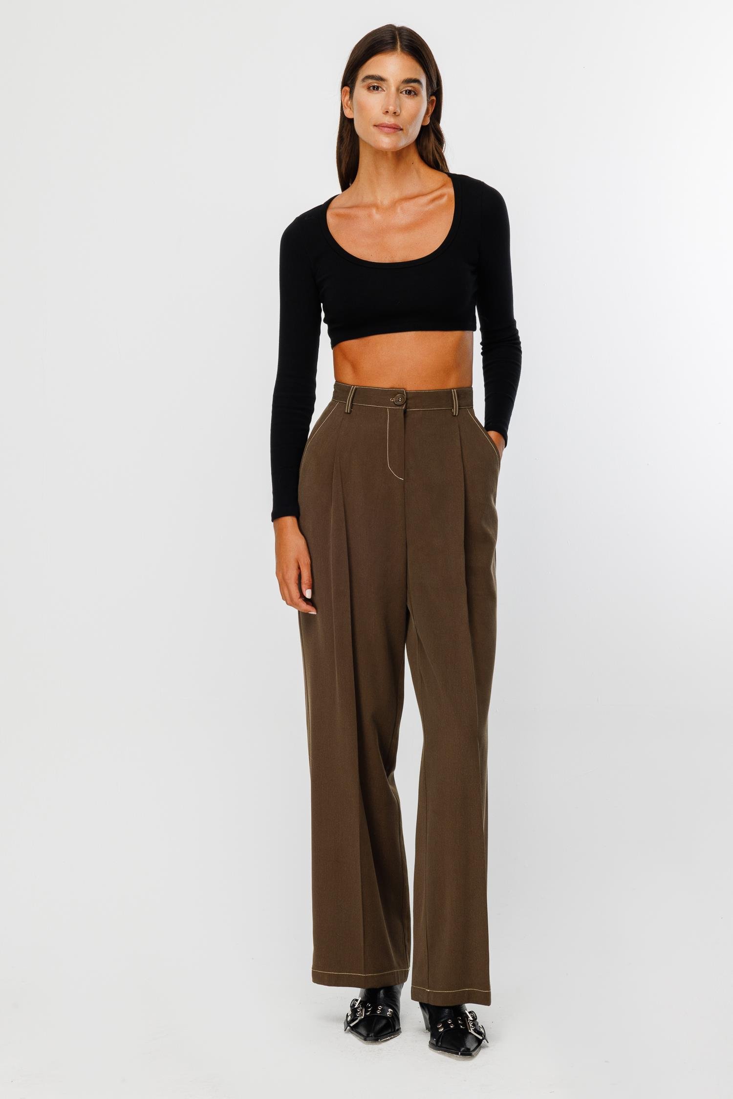 Modailgi  Yüksek Bel Yandan Cepli Pileli Pantolon - 7054 Haki