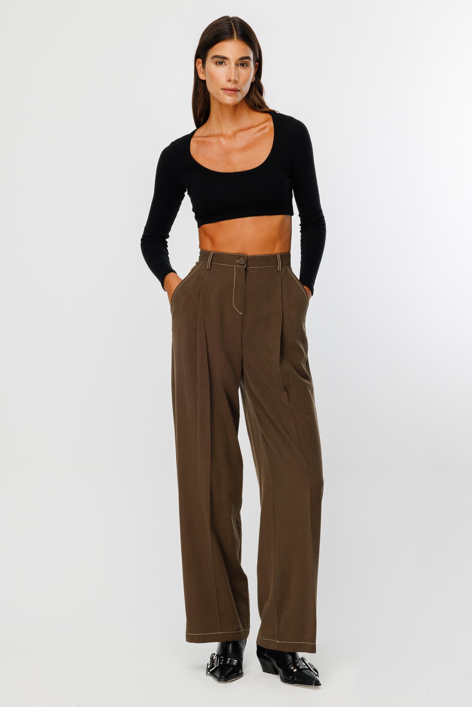 Modailgi  Yüksek Bel Yandan Cepli Pileli Pantolon - 7054 Haki