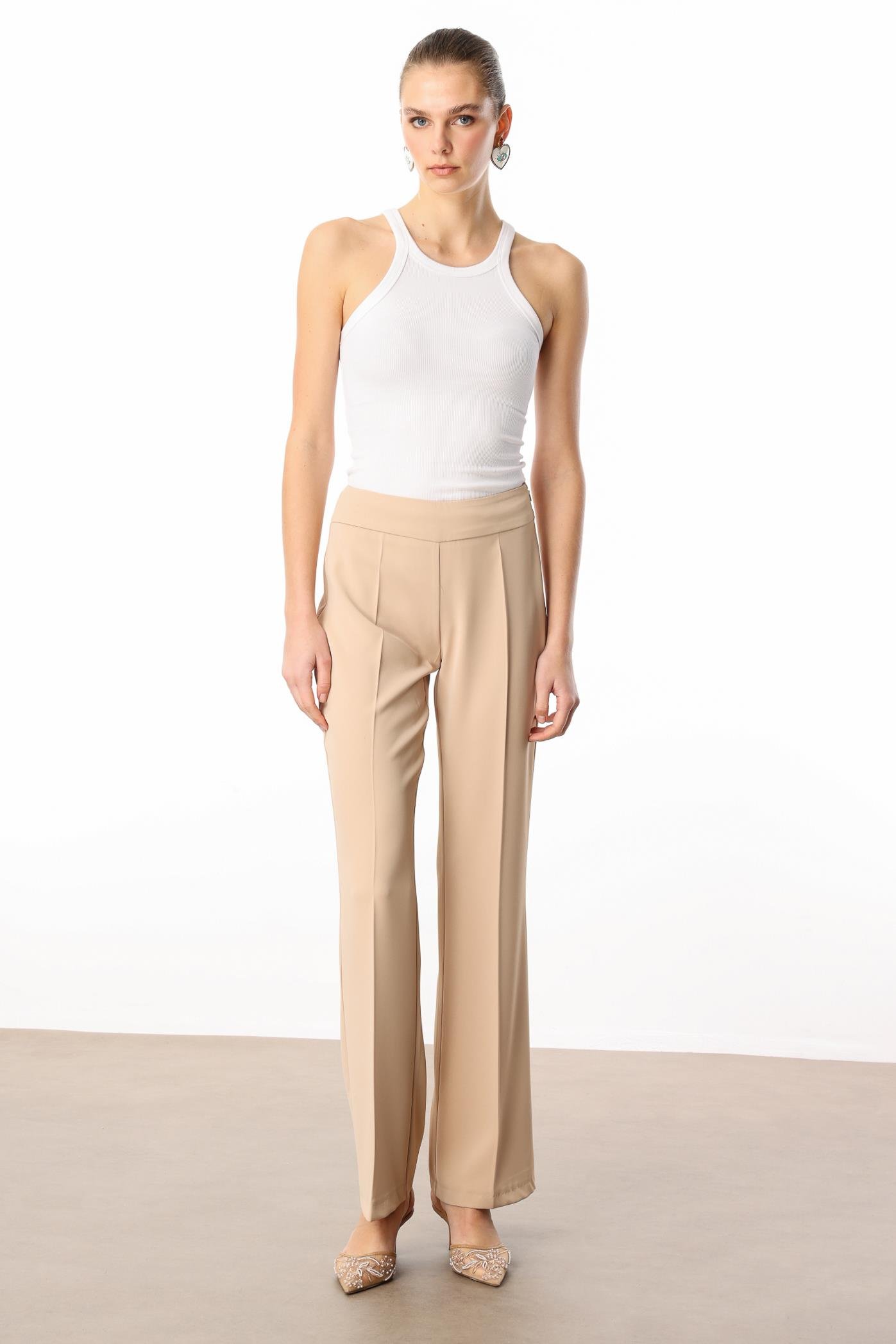 Modailgi  Yüksek Bel Yandan Fermuarlı Bol Paça Pantolon - 7969 Taş