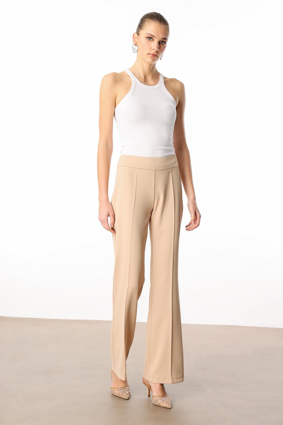 Modailgi  Yüksek Bel Yandan Fermuarlı Bol Paça Pantolon - 7969 Taş