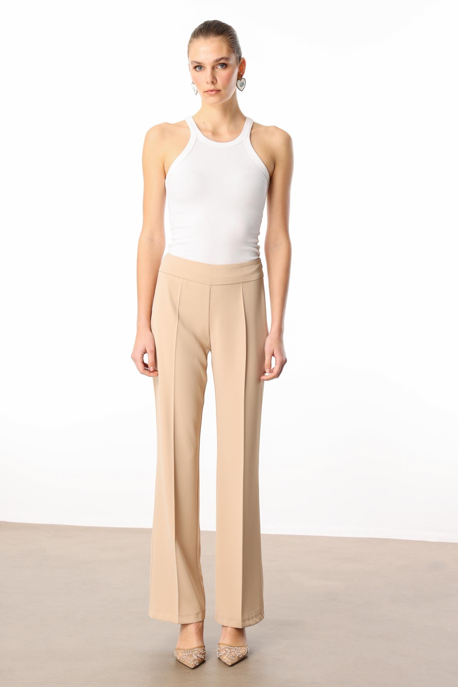 Modailgi  Yüksek Bel Yandan Fermuarlı Bol Paça Pantolon - 7969 Taş