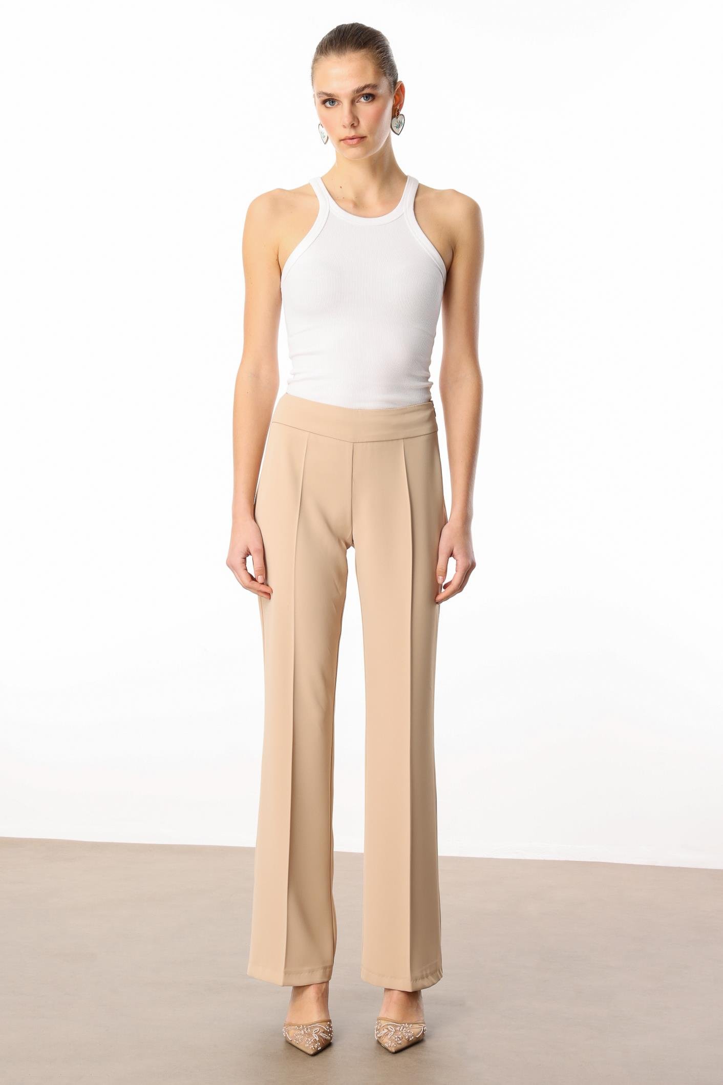 Modailgi  Yüksek Bel Yandan Fermuarlı Bol Paça Pantolon - 7969 Taş