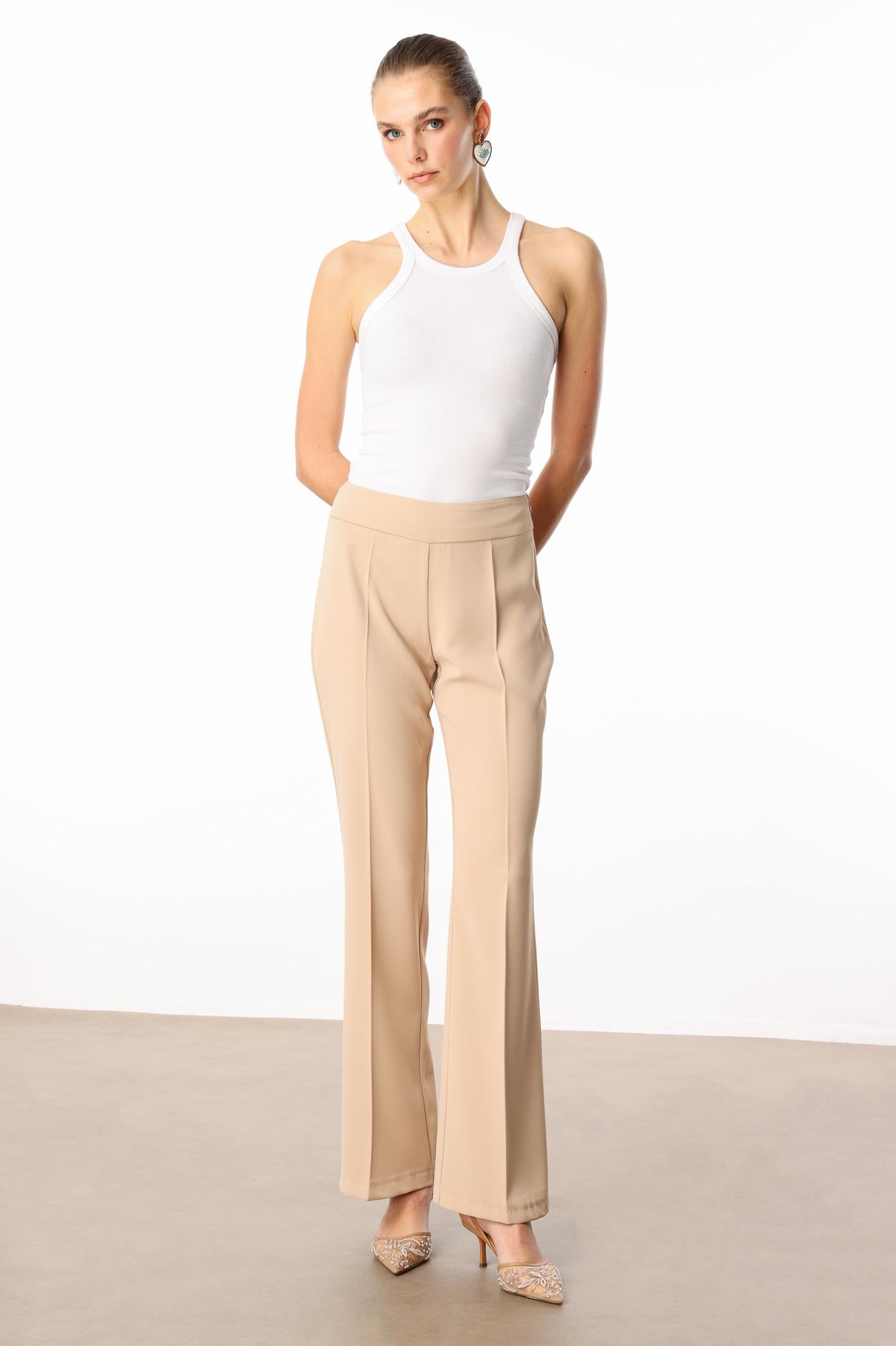 Modailgi  Yüksek Bel Yandan Fermuarlı Bol Paça Pantolon - 7969 Taş