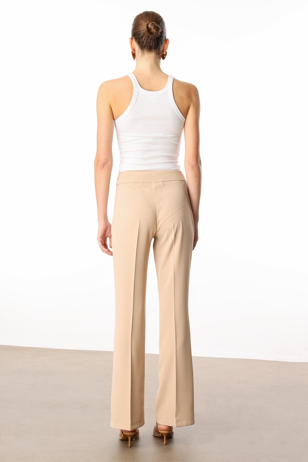 Modailgi  Yüksek Bel Yandan Fermuarlı Bol Paça Pantolon - 7969 Taş