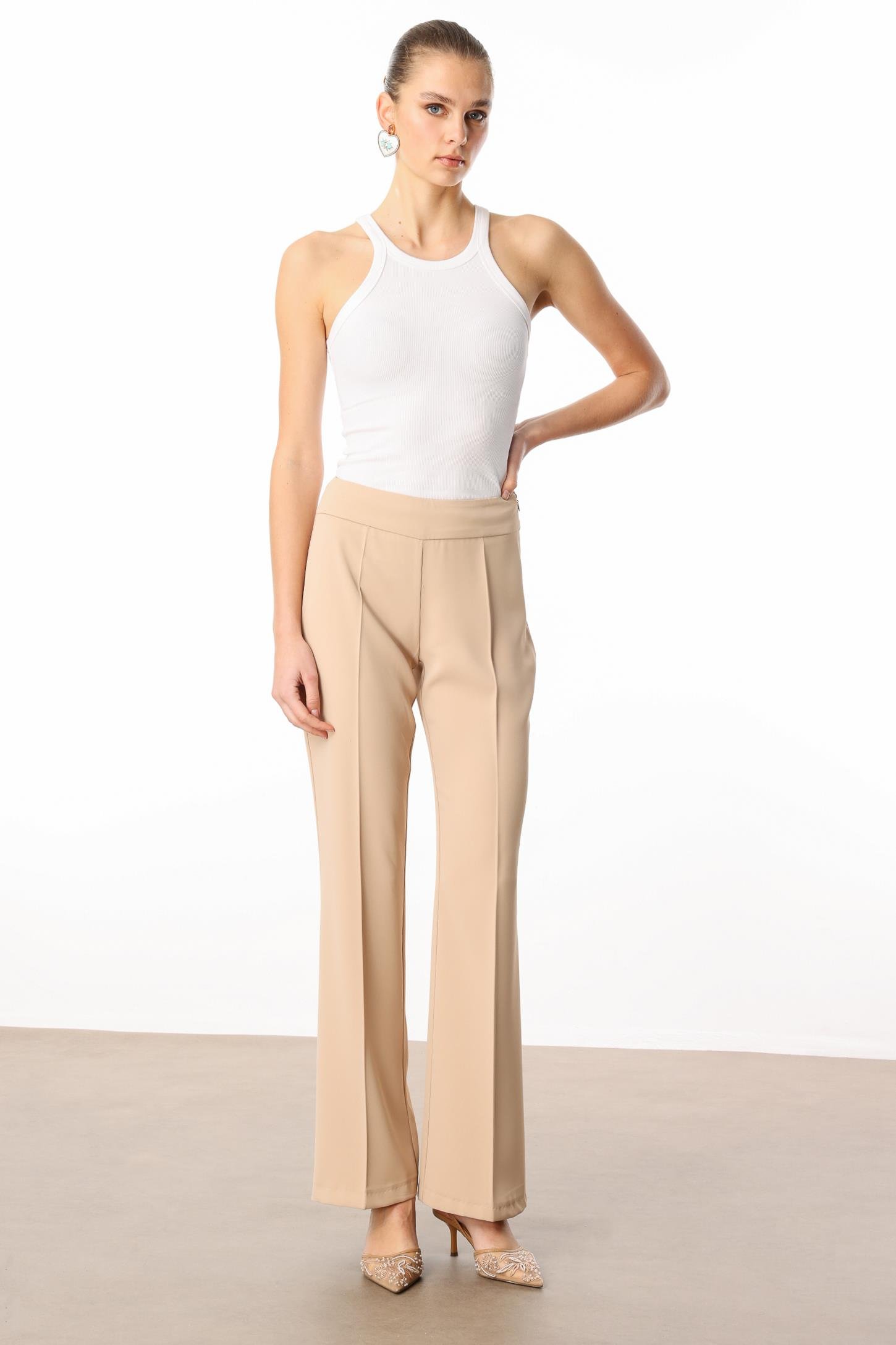 Modailgi  Yüksek Bel Yandan Fermuarlı Bol Paça Pantolon - 7969 Taş