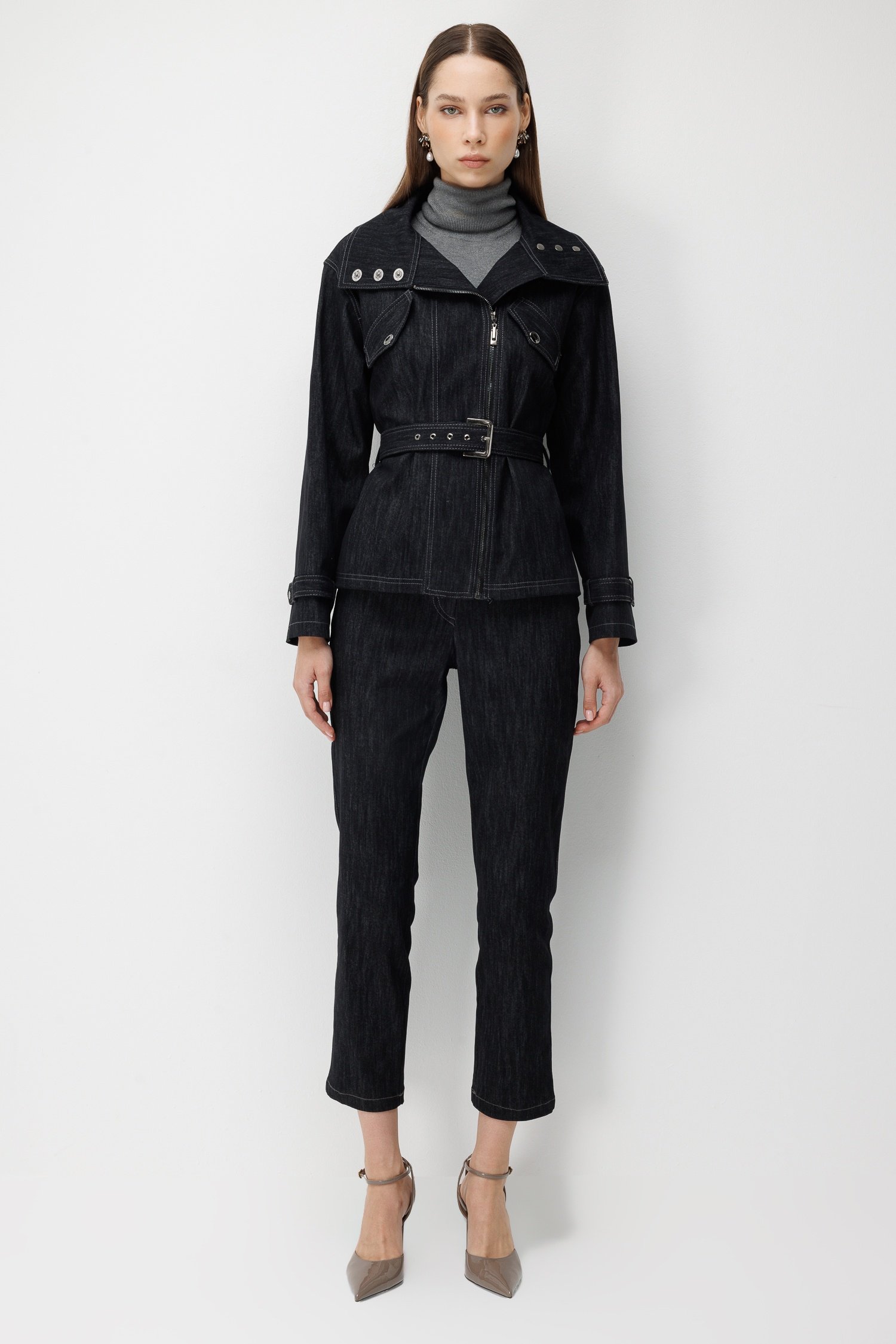 Modailgi  Yüksek Yaka Fermuar Kapamalı Kısa Denim Ceket - 40131 Siyah