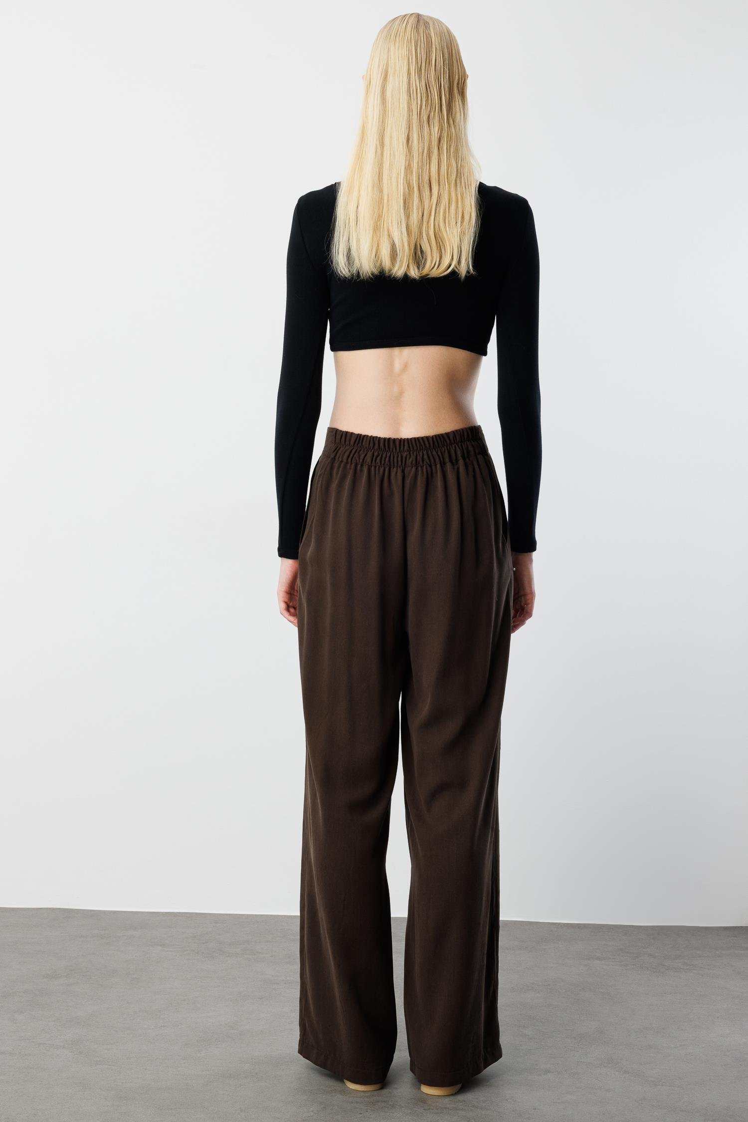 Modailgi  Yüksel Bel Yandan Cepli İnci Detaylı Plazzo Pantolon - 15041 Kahve