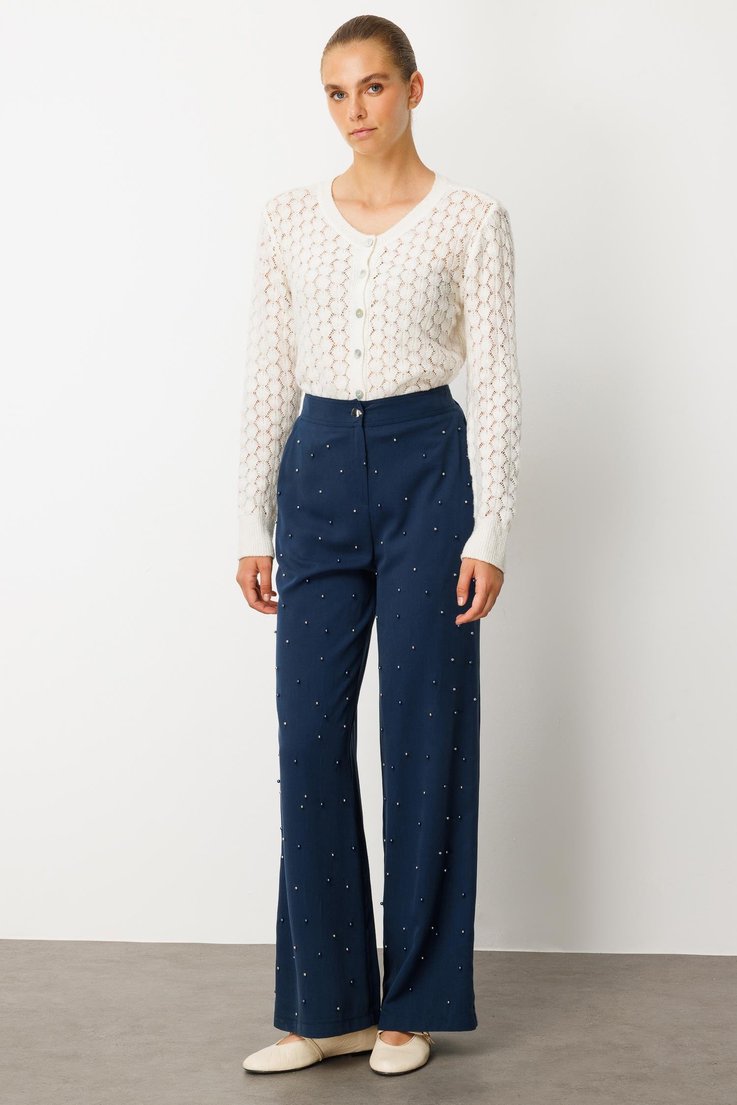 Modailgi  Yüksel Bel Yandan Cepli İnci Detaylı Plazzo Pantolon - 15041 İndigo