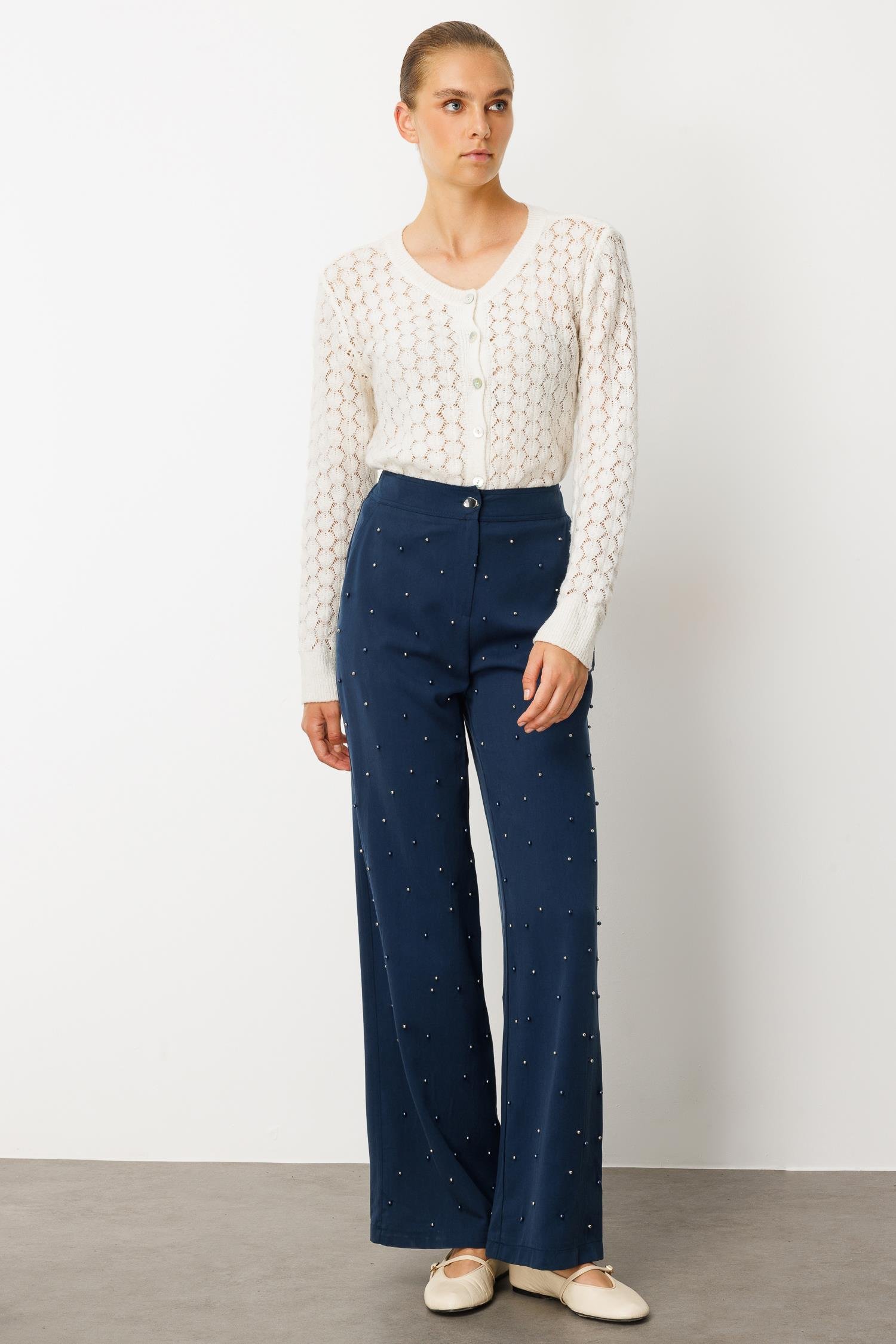 Modailgi  Yüksel Bel Yandan Cepli İnci Detaylı Plazzo Pantolon - 15041 İndigo