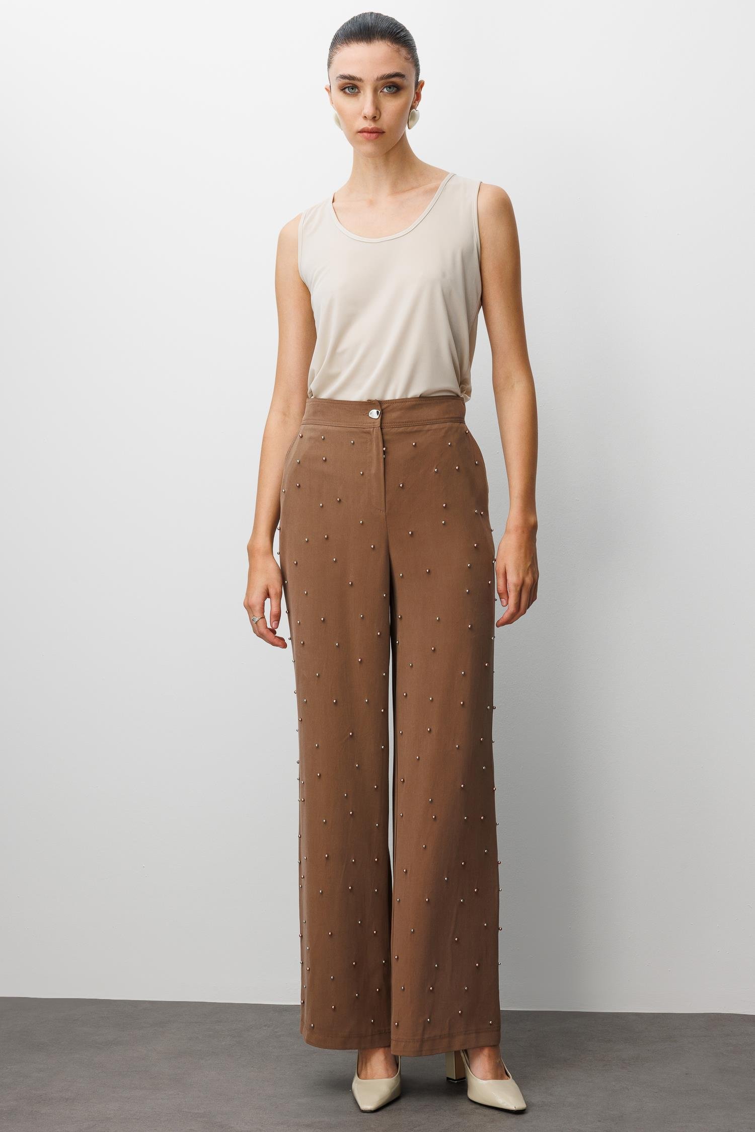 Modailgi  Yüksel Bel Yandan Cepli İnci Detaylı Plazzo Pantolon - 15041 Vizon